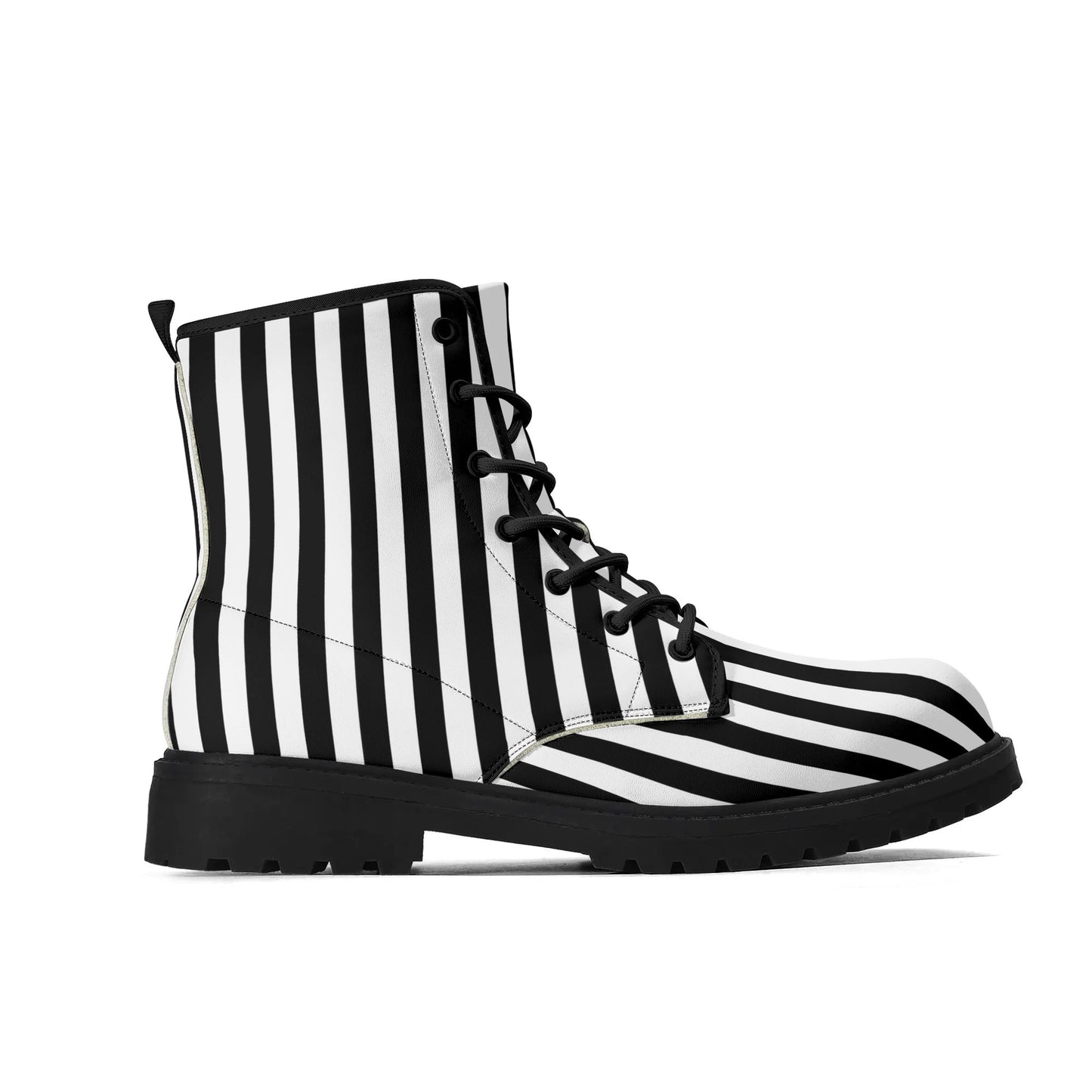 Mens Black White Stripes Vegan Boots, Unisex