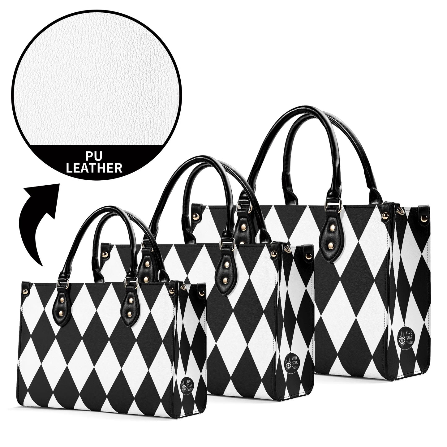 Black White Harlequin Diamonds Purse Luxury Womens Vegan Leather Handbag