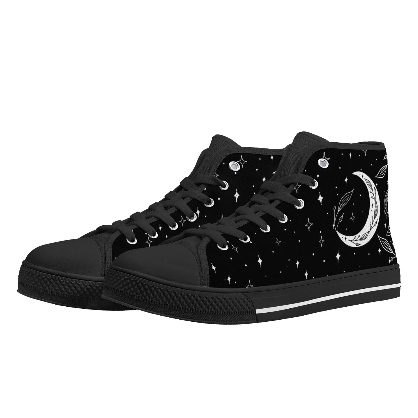 Moon Leaf Leaves Mens Rubber High Top Canvas Shoes, Black White