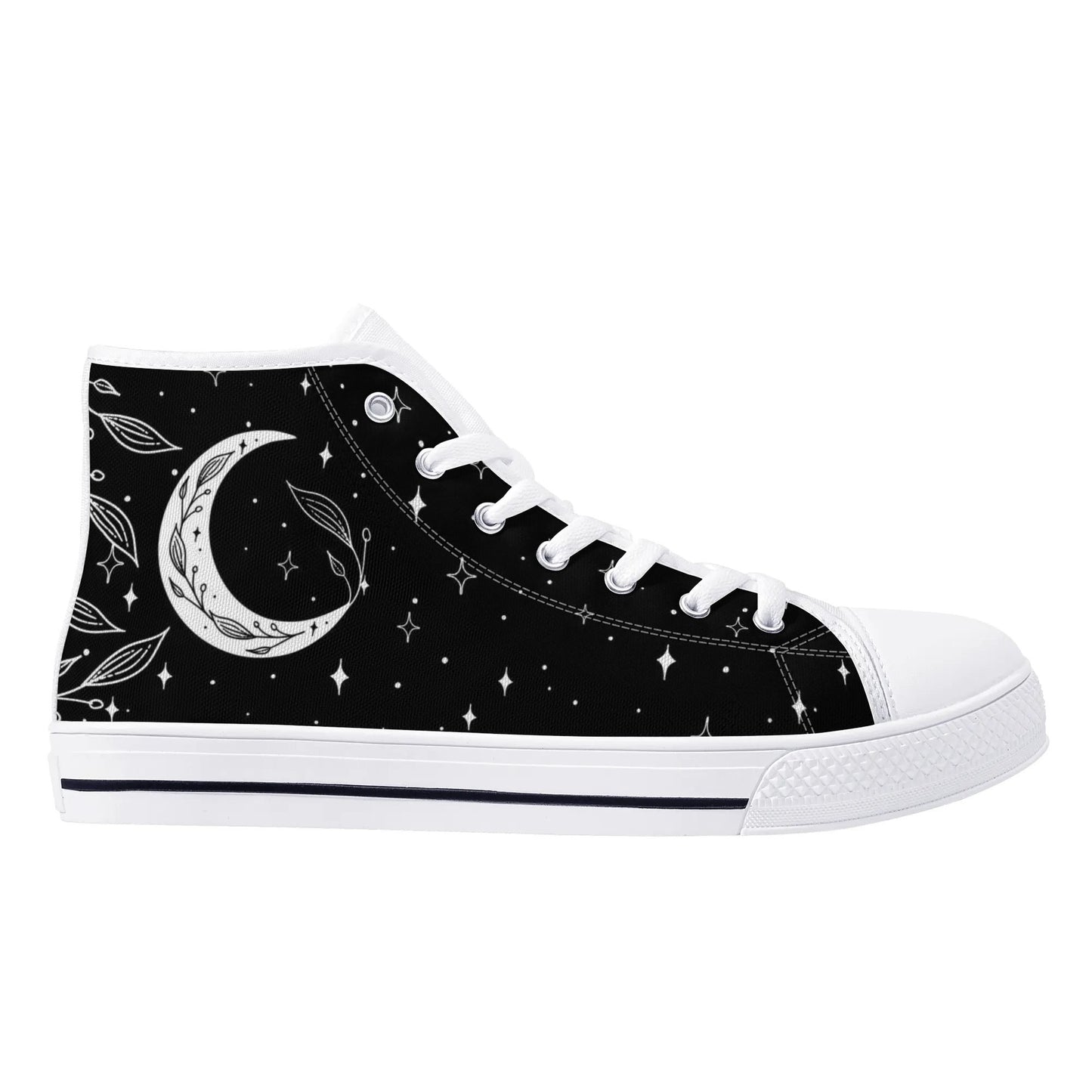 Moon Leaf Leaves Mens Rubber High Top Canvas Shoes, Black White