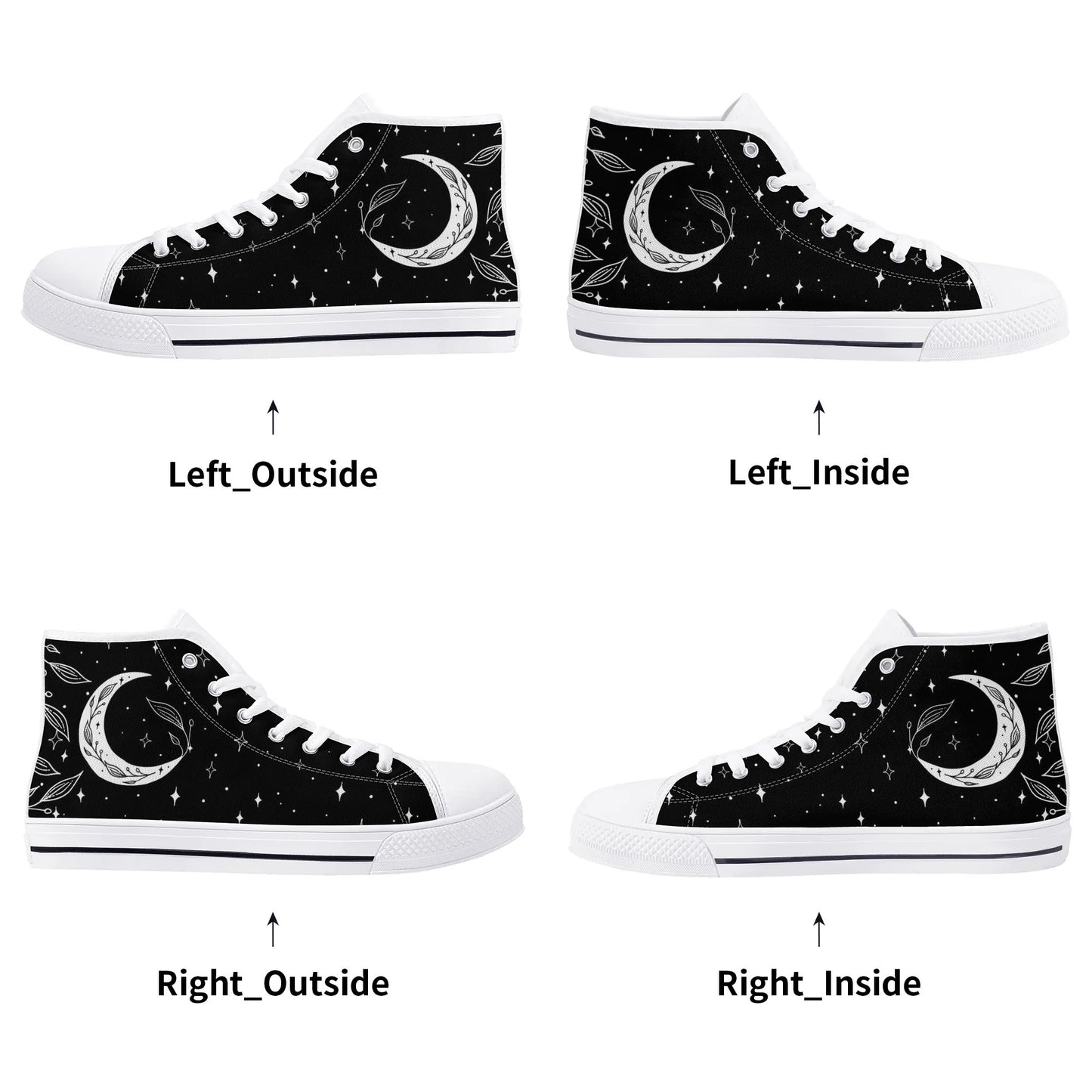 Moon Leaf Leaves Mens Rubber High Top Canvas Shoes, Black White