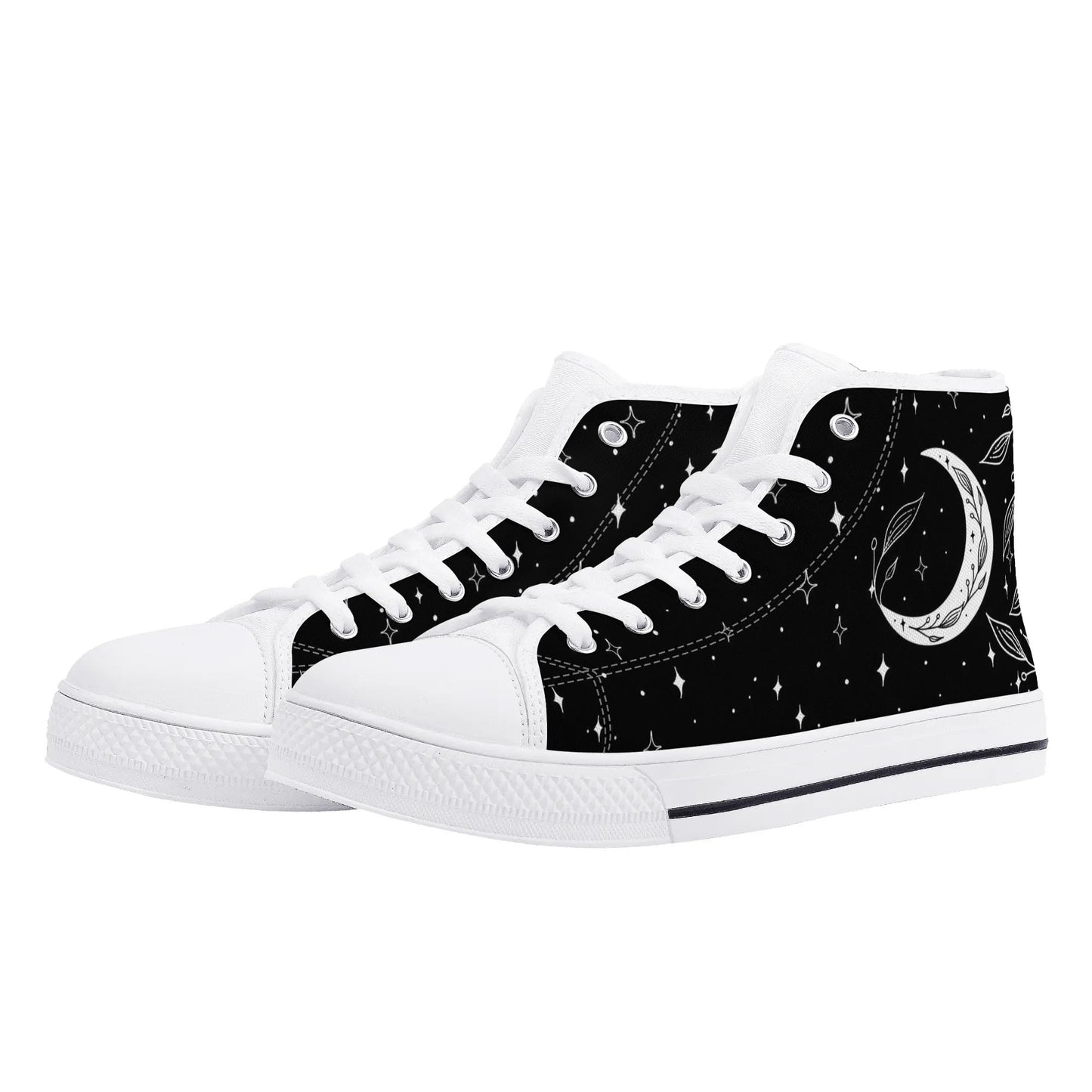 Moon Leaf Leaves Mens Rubber High Top Canvas Shoes, Black White