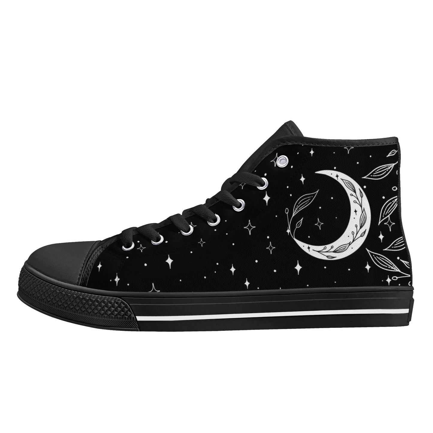 Moon Leaf Leaves Mens Rubber High Top Canvas Shoes, Black White