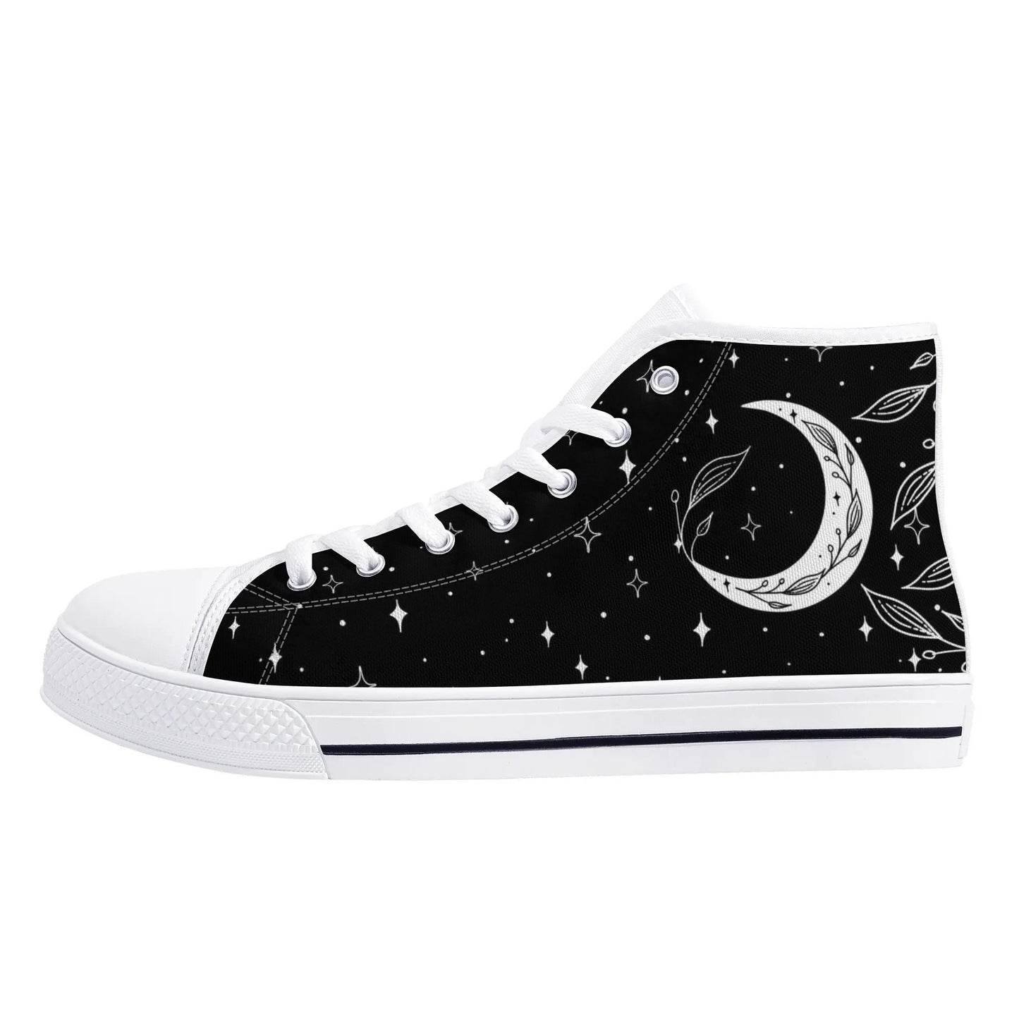 Moon Leaf Leaves Mens Rubber High Top Canvas Shoes, Black White