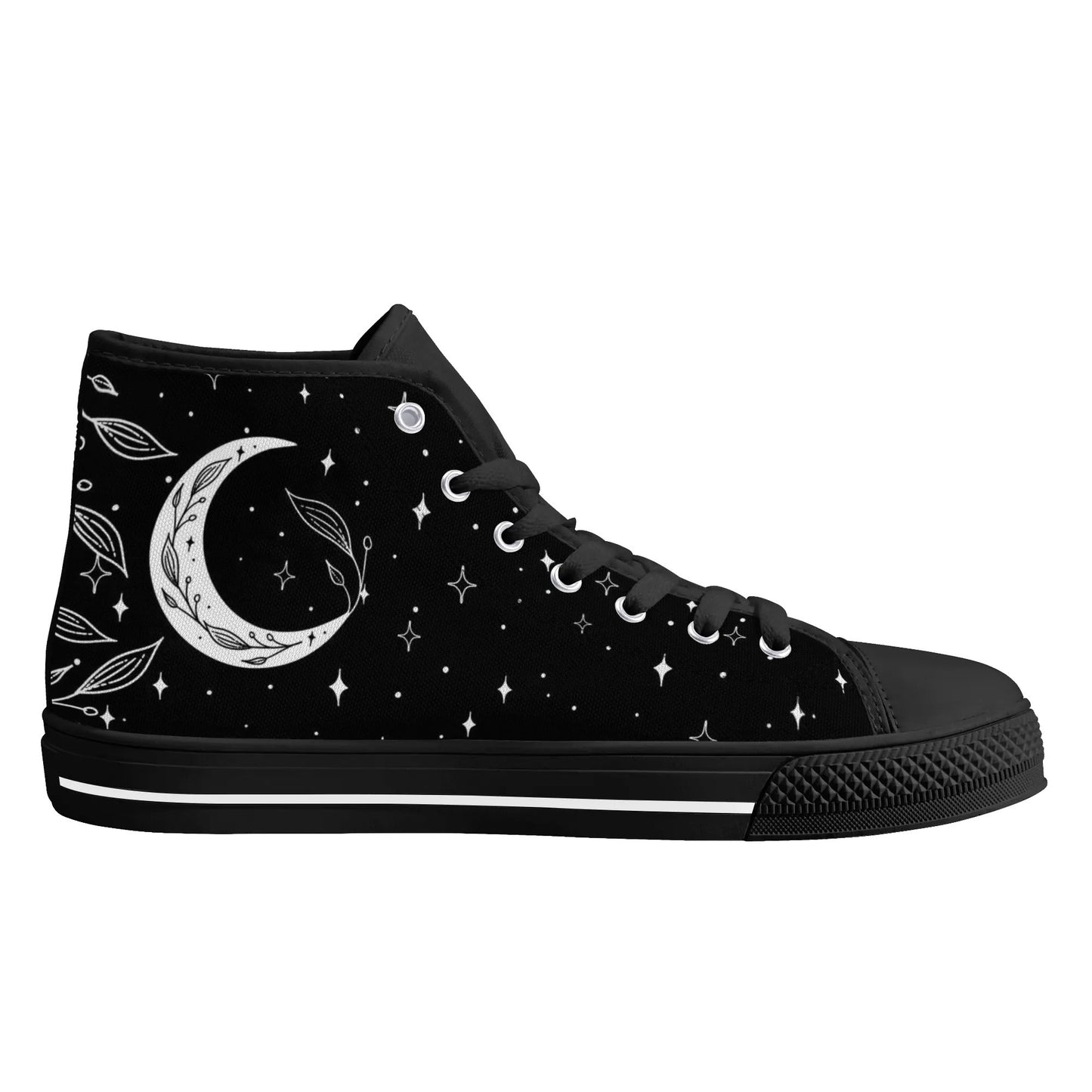 Moon Leaf Leaves Mens Rubber High Top Canvas Shoes, Black White