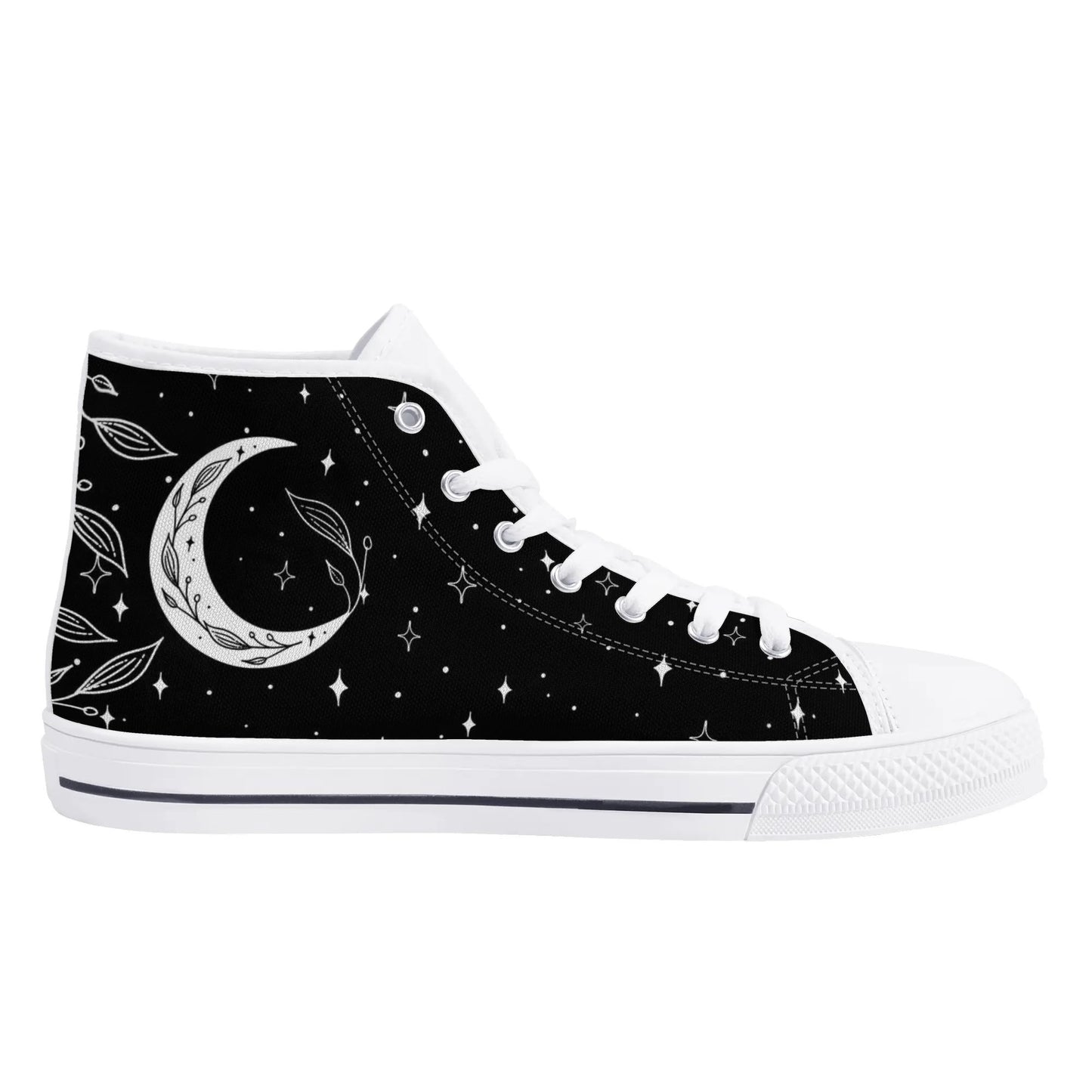 Moon Leaf Leaves Mens Rubber High Top Canvas Shoes, Black White