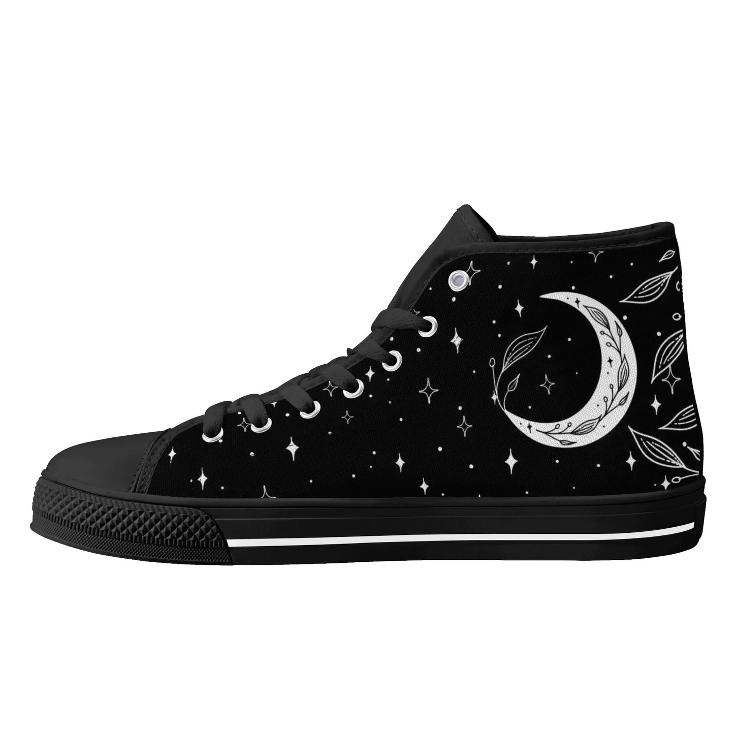 Moon Leaf Leaves Mens Rubber High Top Canvas Shoes, Black White