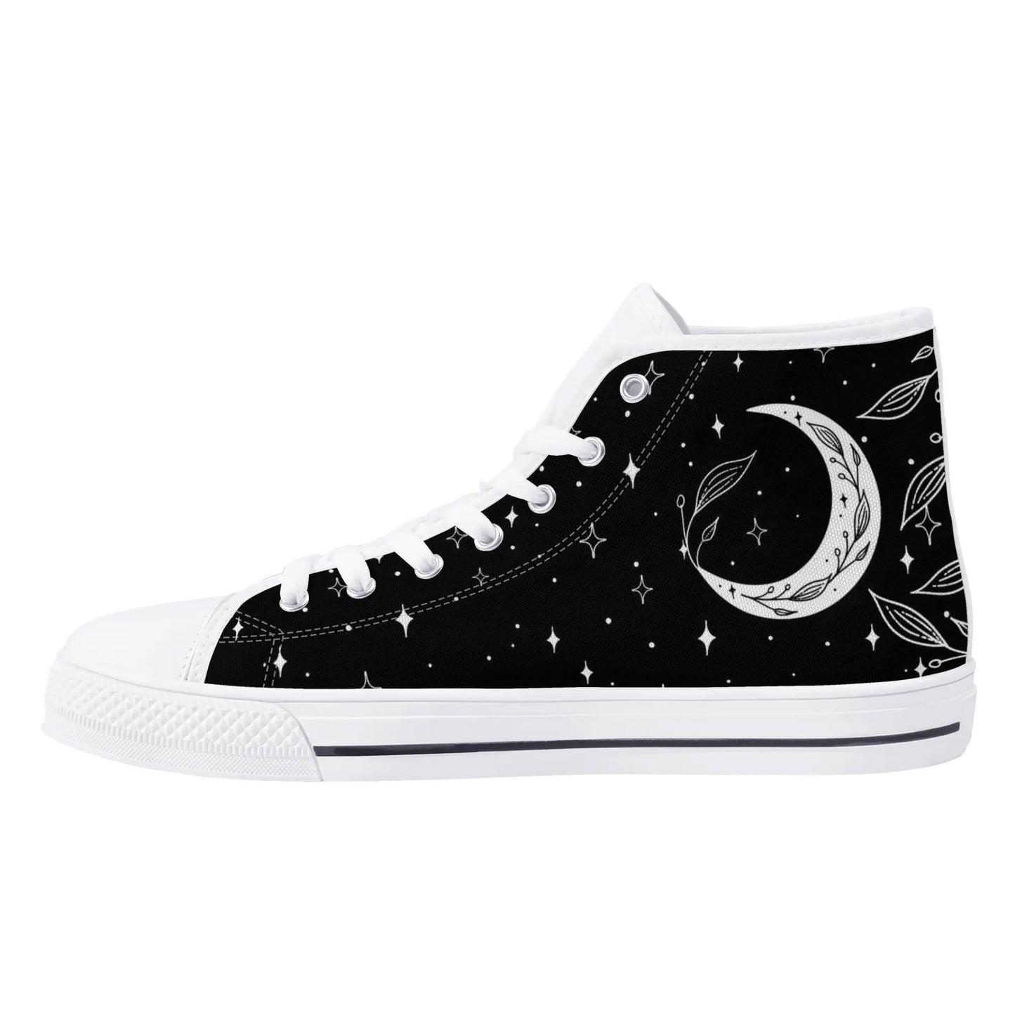 Moon Leaf Leaves Mens Rubber High Top Canvas Shoes, Black White