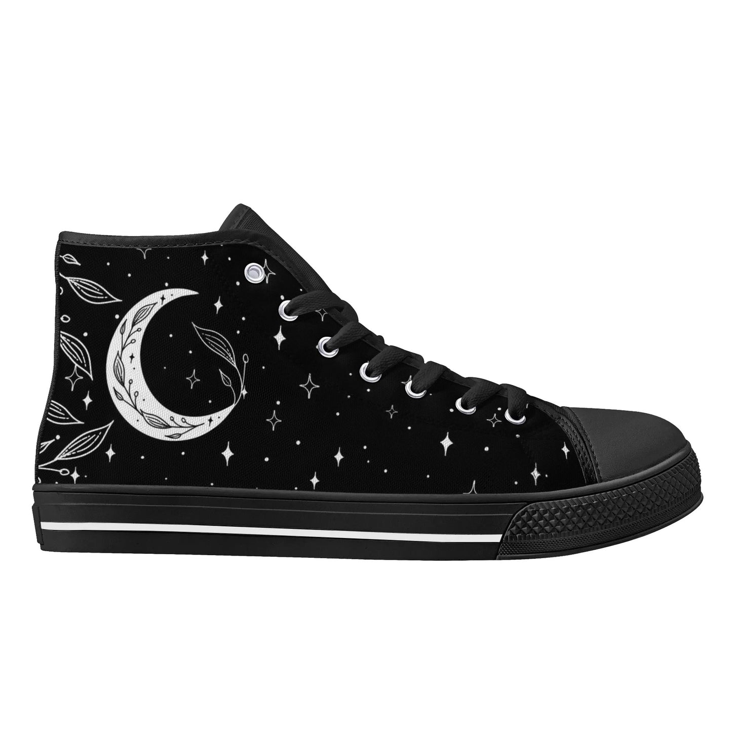 Moon Leaf Leaves Mens Rubber High Top Canvas Shoes, Black White