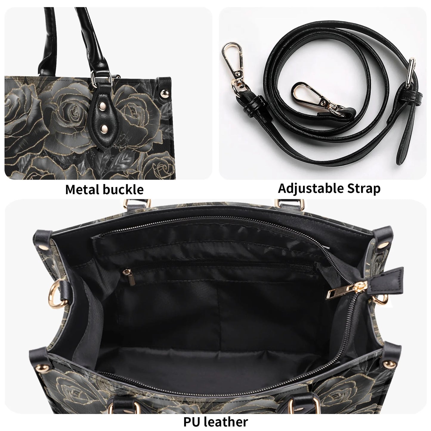 Black Roses Purse Luxury Womens Vegan Leather Handbag Goth