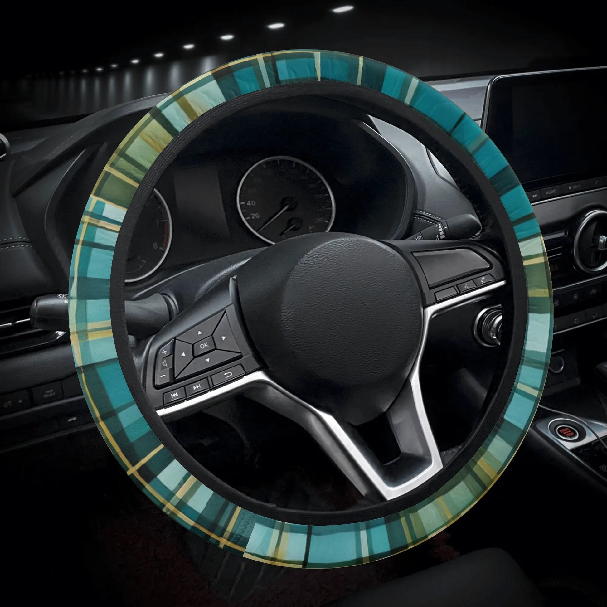 Teal Plaid Car Steering Wheel Cover