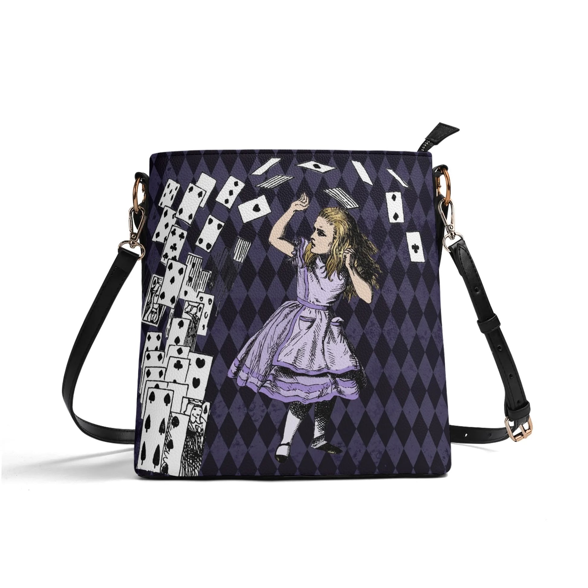 Purple Alice in Wonderland - Playing Cards Attack - Womens Vegan Bucket Bag Shoulder Bag