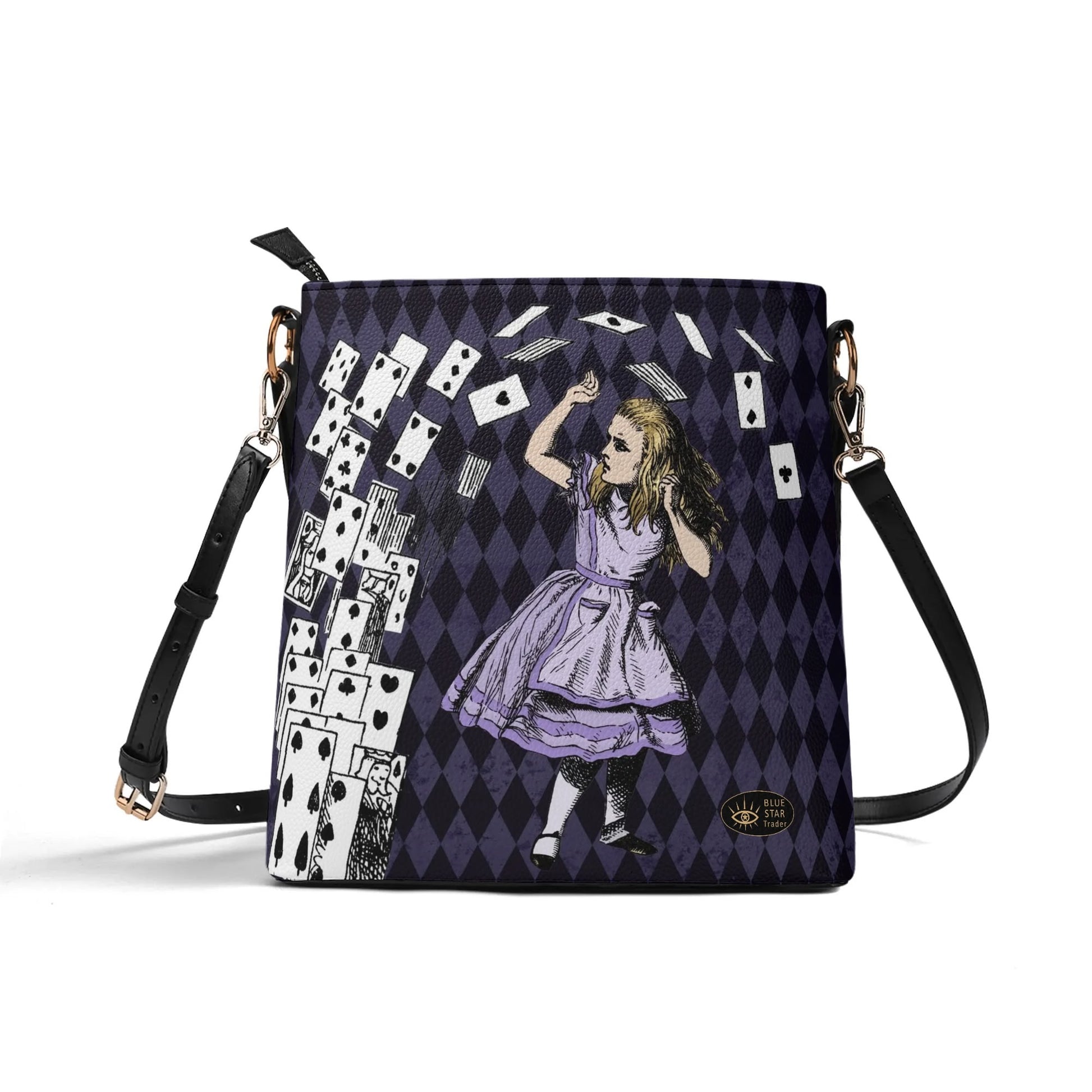 Purple Alice in Wonderland - Playing Cards Attack - Womens Vegan Bucket Bag Shoulder Bag