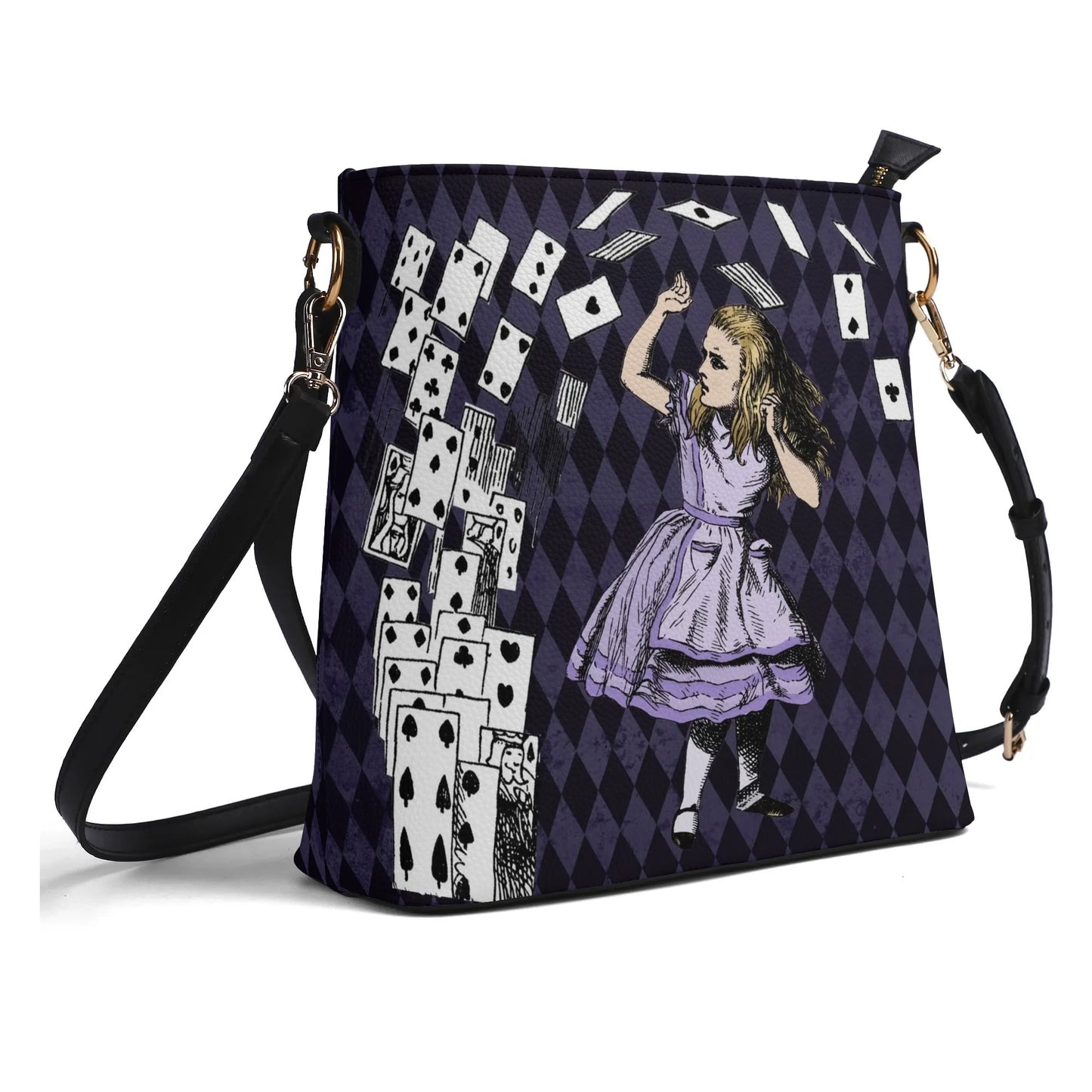 Purple Alice in Wonderland - Playing Cards Attack - Womens Vegan Bucket Bag Shoulder Bag