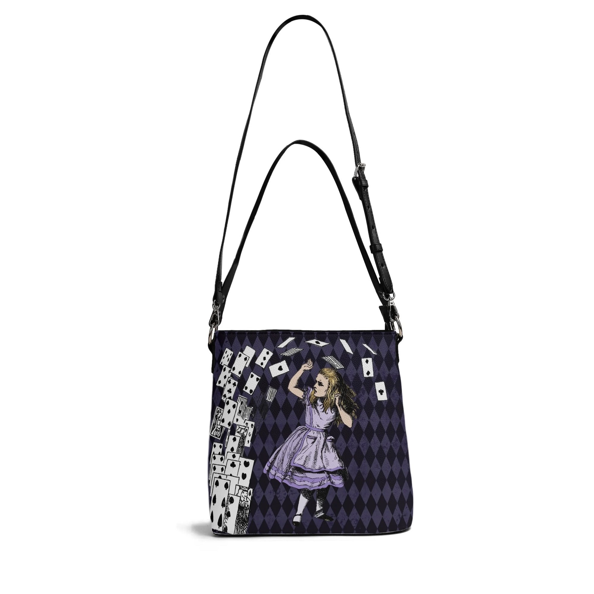 Purple Alice in Wonderland - Playing Cards Attack - Womens Vegan Bucket Bag Shoulder Bag