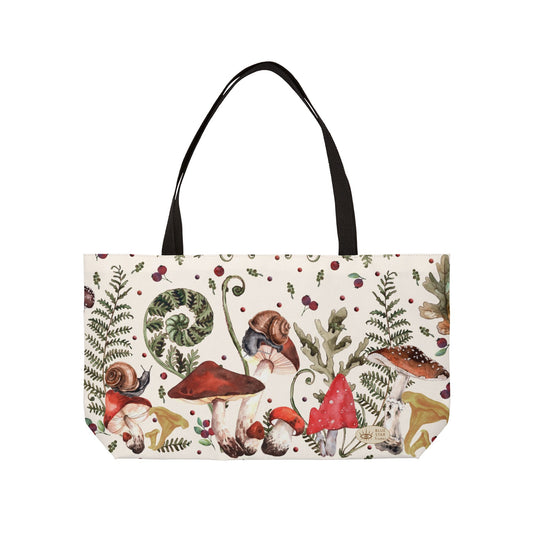 Mushrooms Weekender Bag, Witchy Large Off White Cottagecore Tote with Black Lining