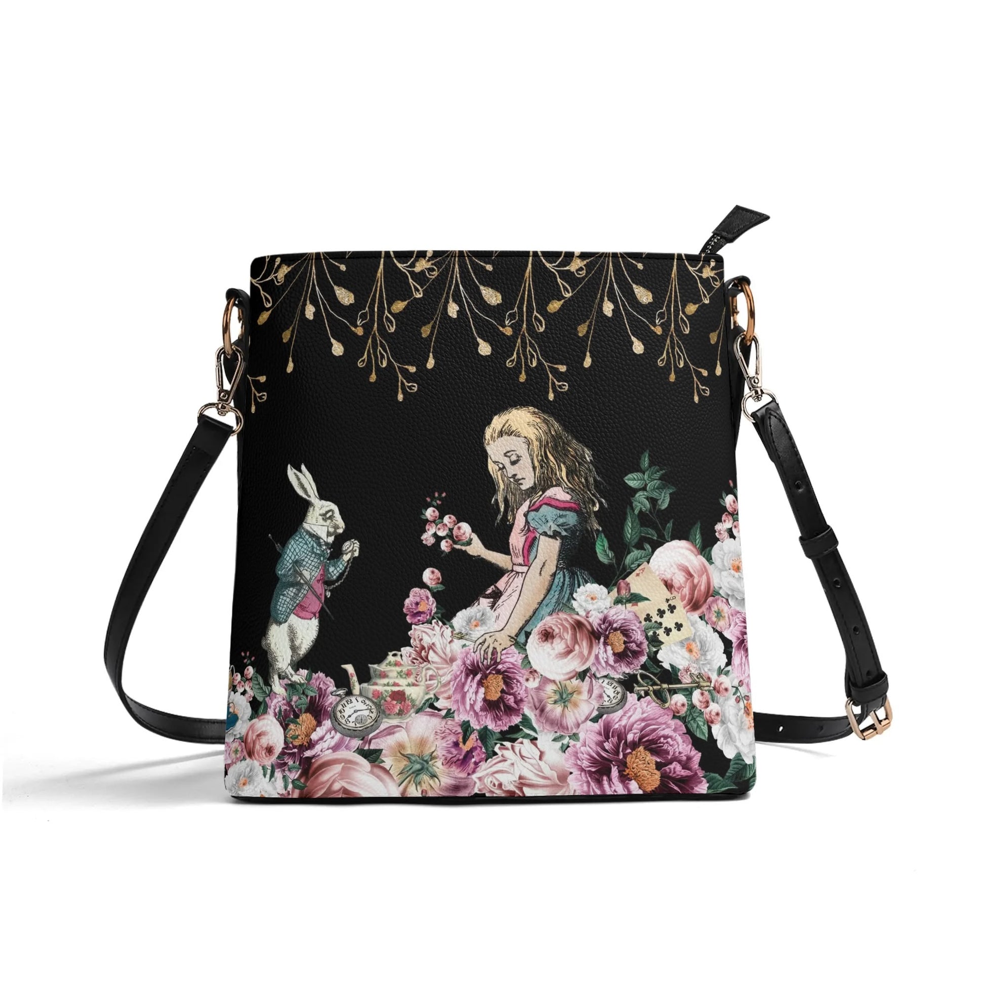 Alice in Wonderland Pink Roses Womens Vegan Bucket Bag Shoulder Bag