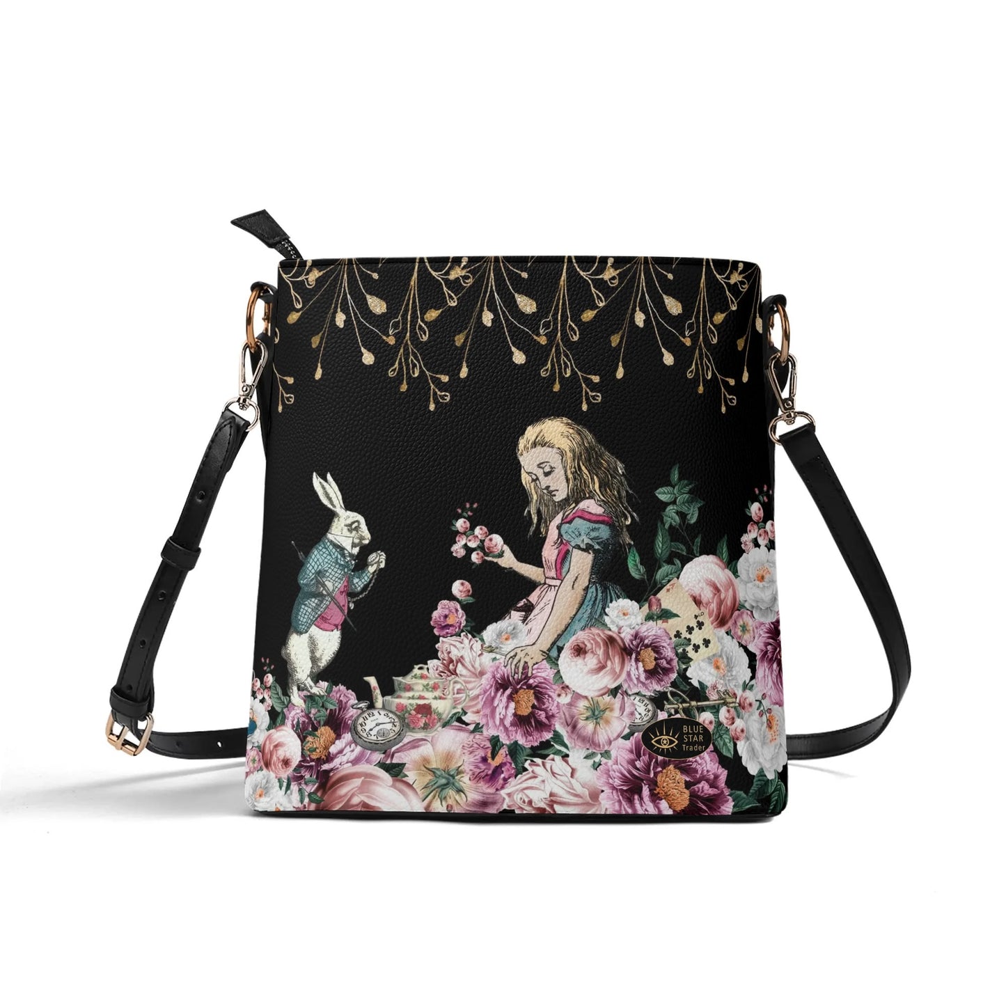 Alice in Wonderland Pink Roses Womens Vegan Bucket Bag Shoulder Bag