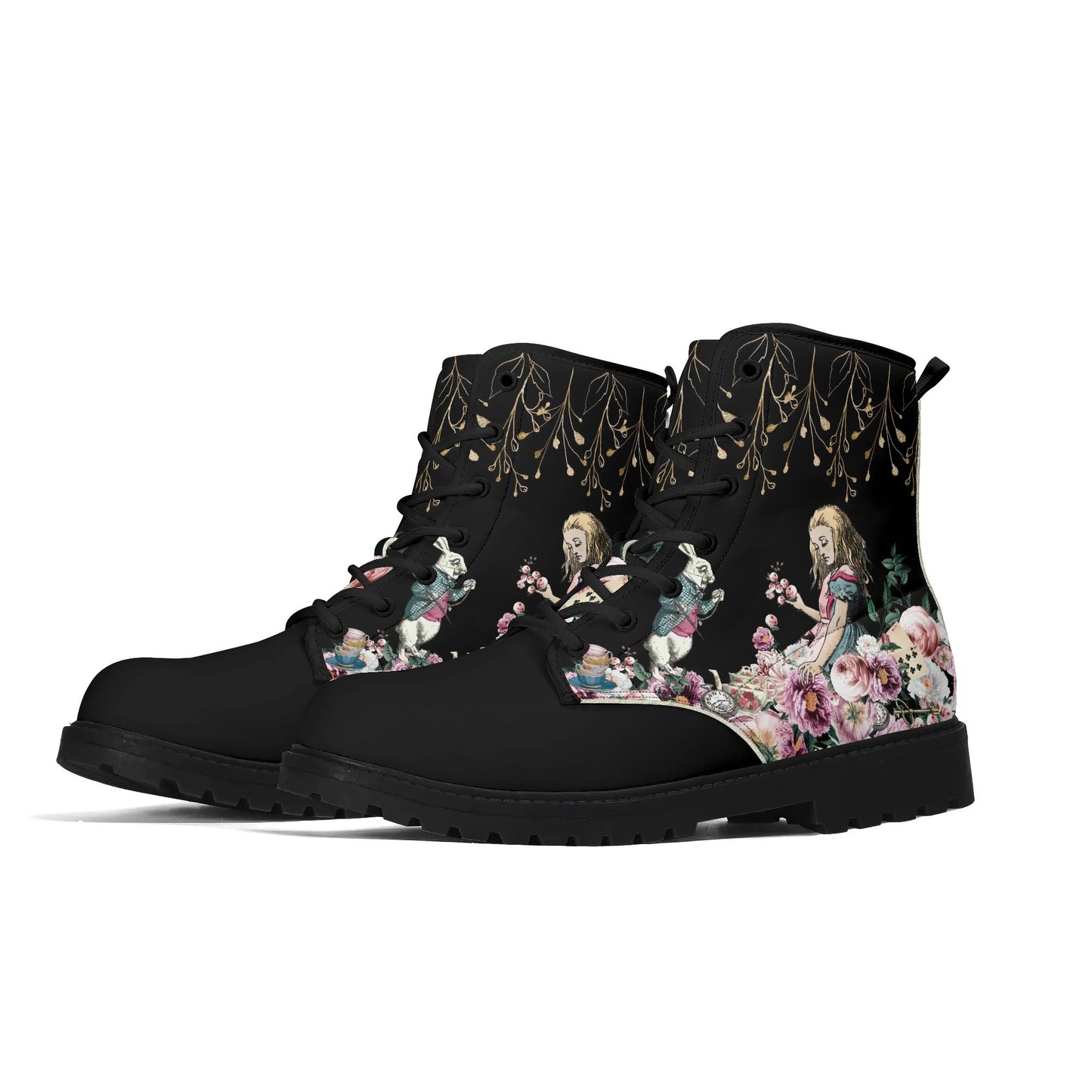 Alice in Wonderland Pink Roses Womens Vegan Boots