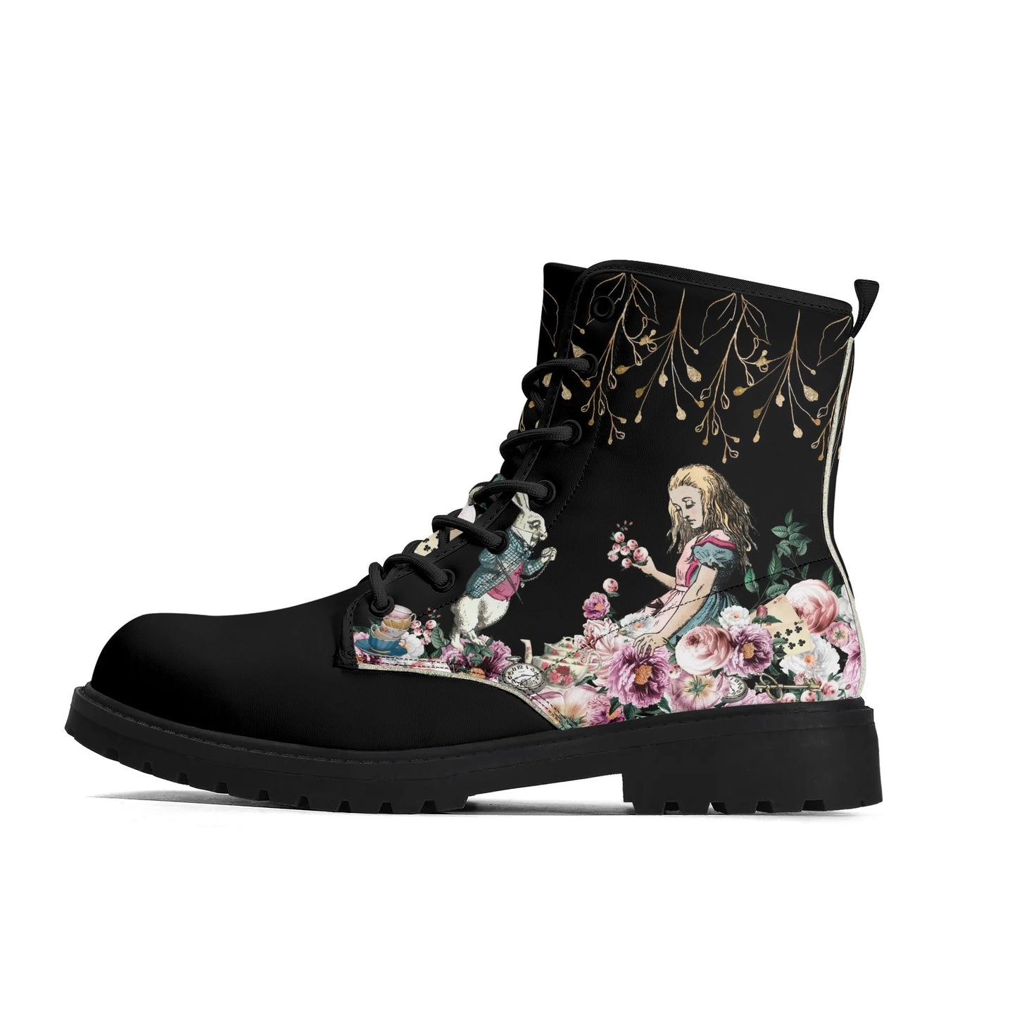 Alice in Wonderland Pink Roses Womens Vegan Boots