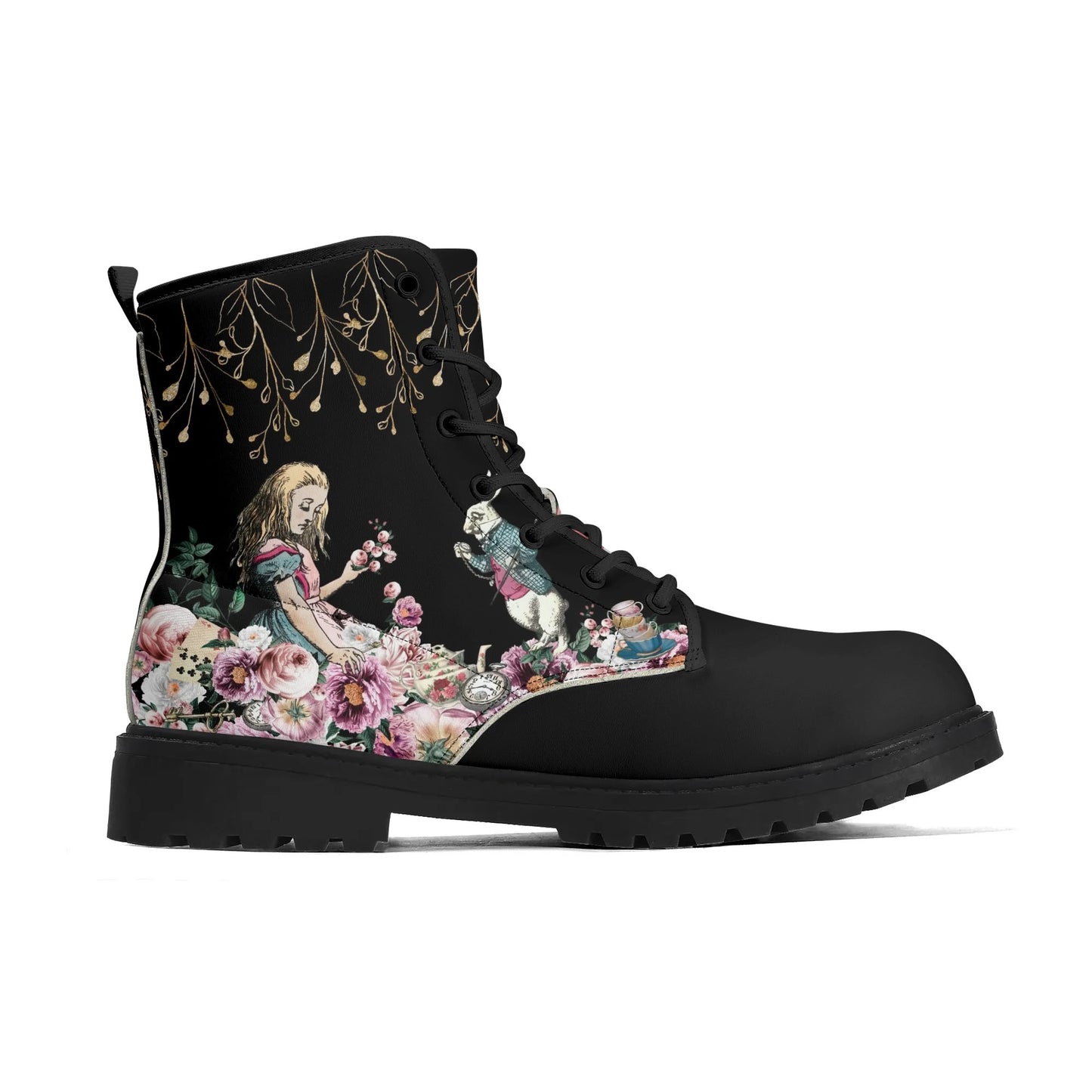 Alice in Wonderland Pink Roses Womens Vegan Boots