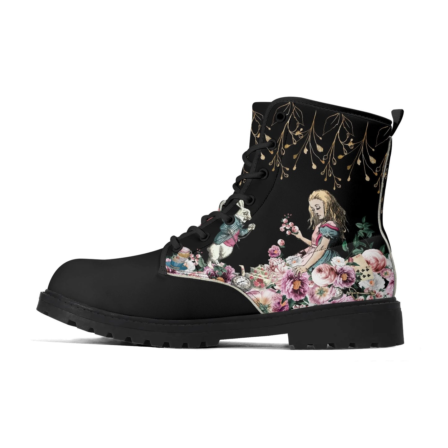 Alice in Wonderland Pink Roses Womens Vegan Boots