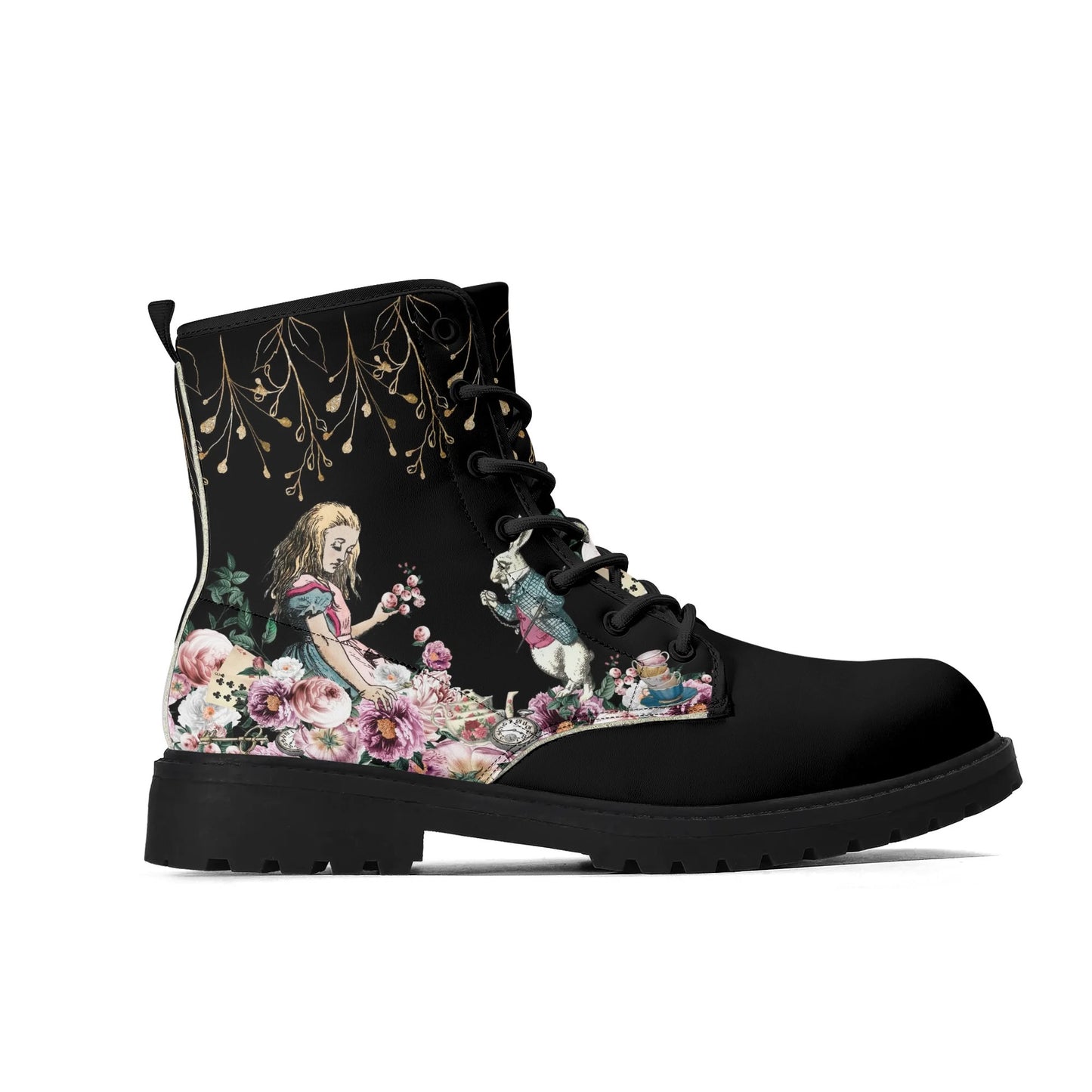 Alice in Wonderland Pink Roses Womens Vegan Boots