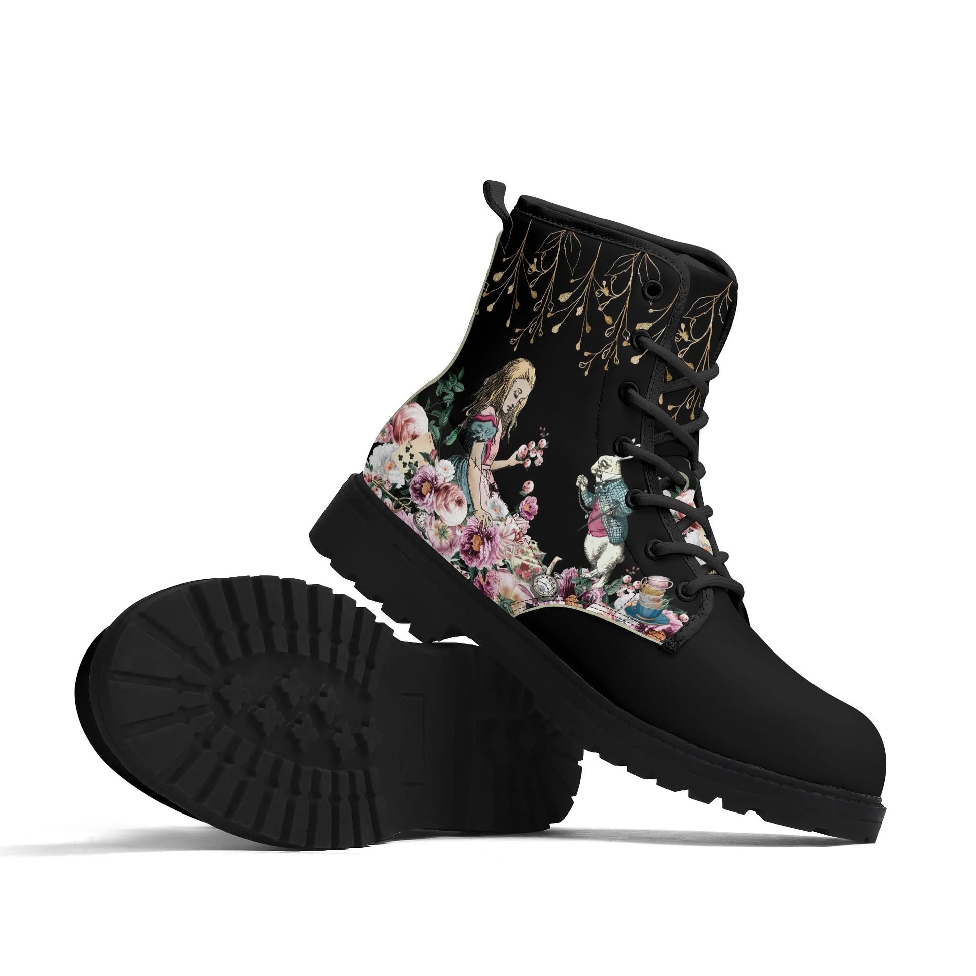 Alice in Wonderland Pink Roses Womens Vegan Boots