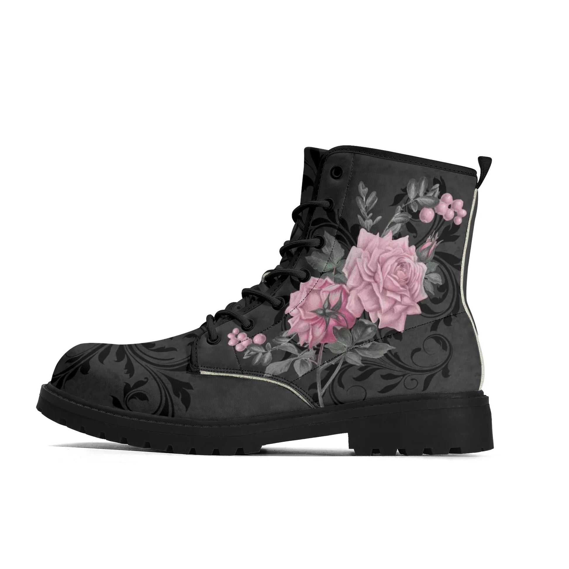 Goth Pink Roses Womens Vegan Combat Boots