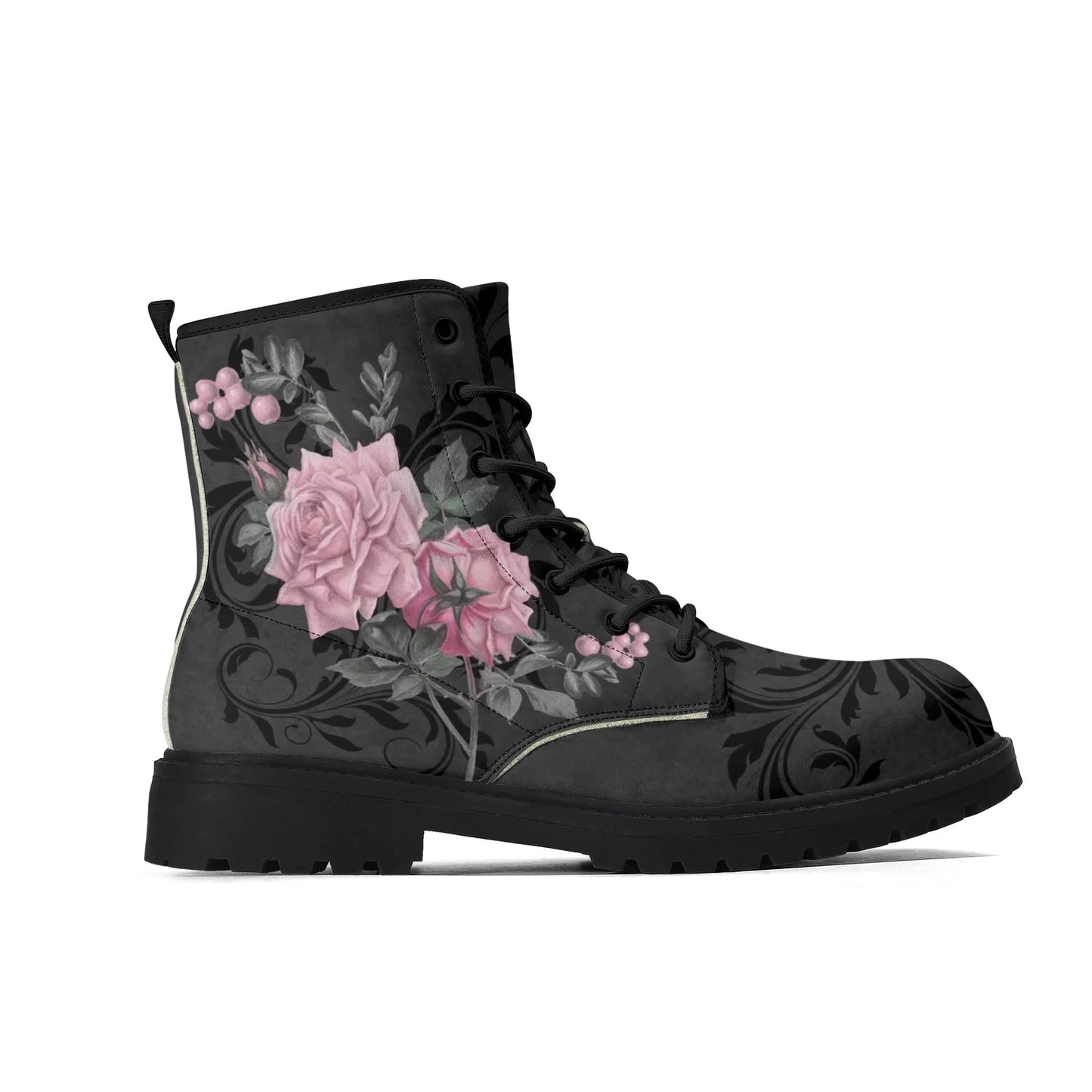 Goth Pink Roses Womens Vegan Combat Boots