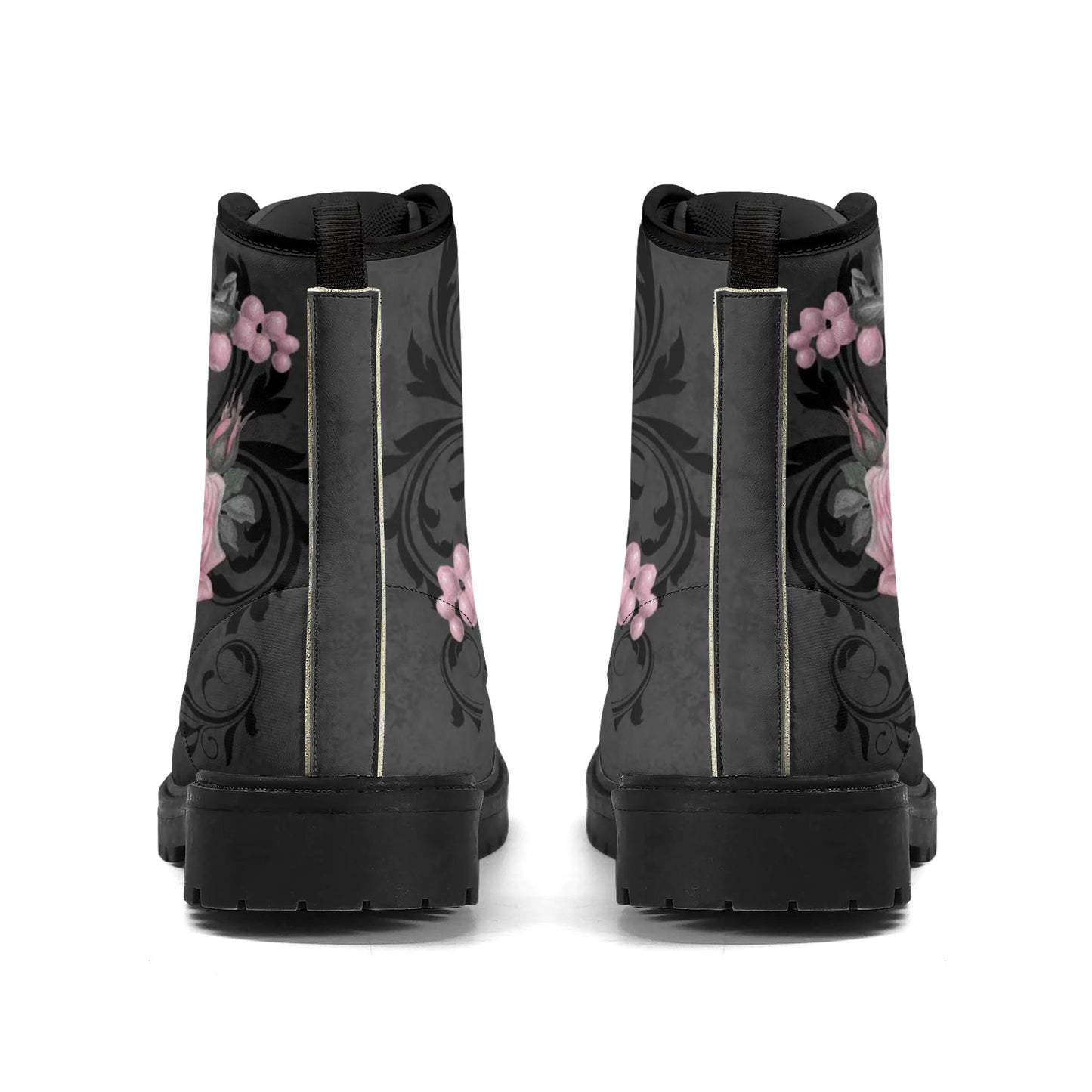 Goth Pink Roses Womens Vegan Combat Boots