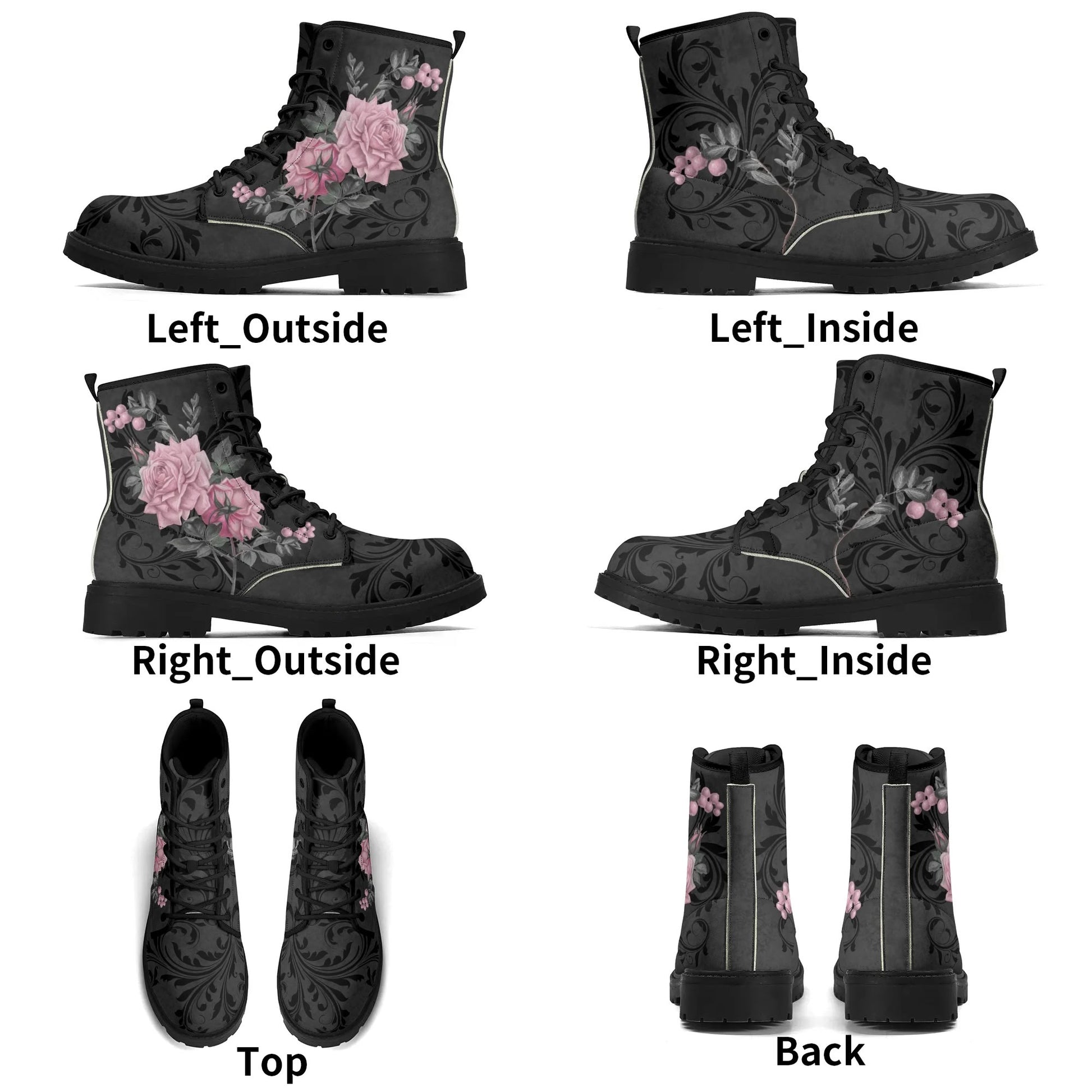 Goth Pink Roses Womens Vegan Combat Boots