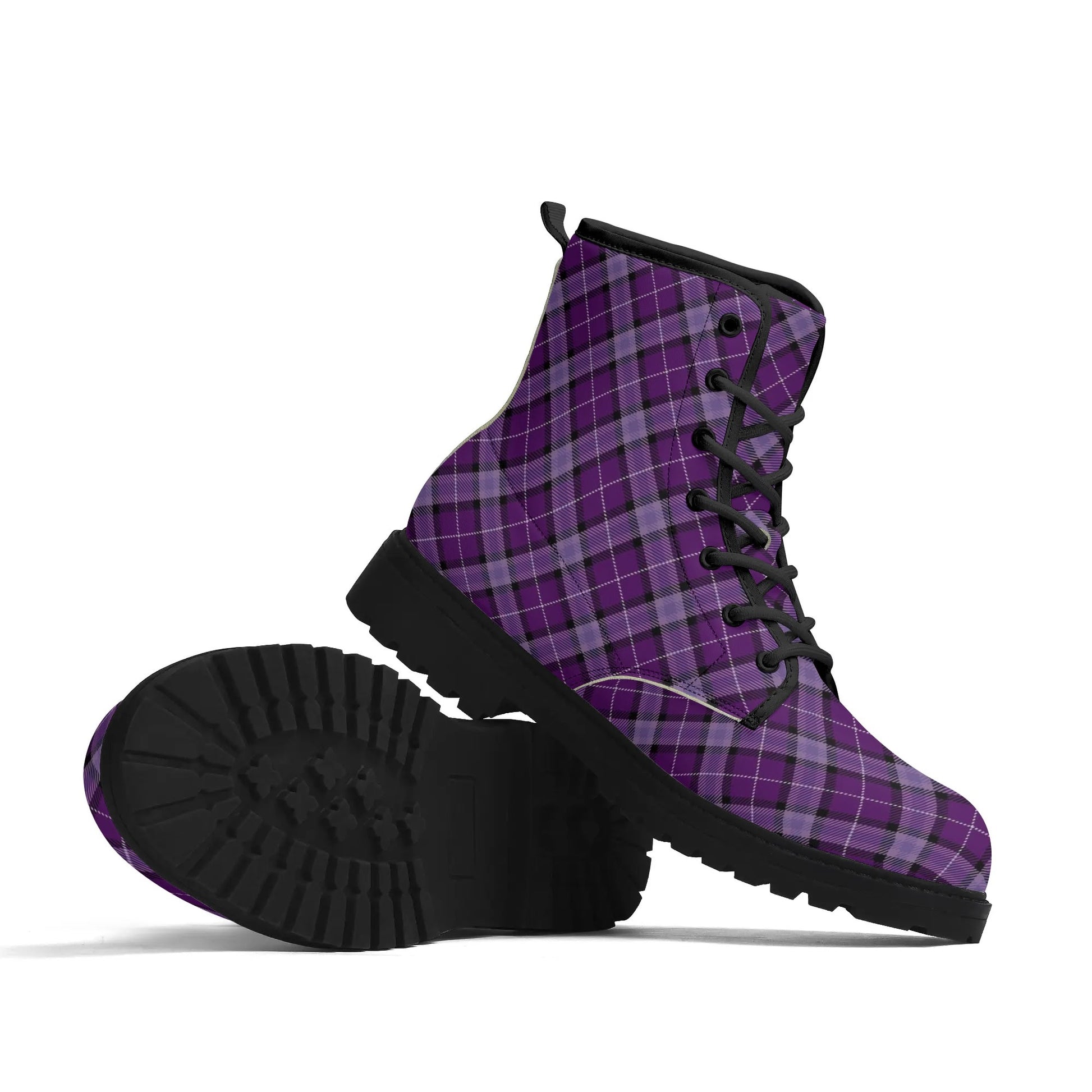 Violet Purple Plaid  Womens Vegan Combat Boots