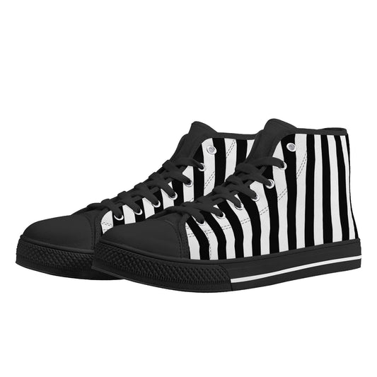 Black White Striped Mens High Top Canvas Shoes