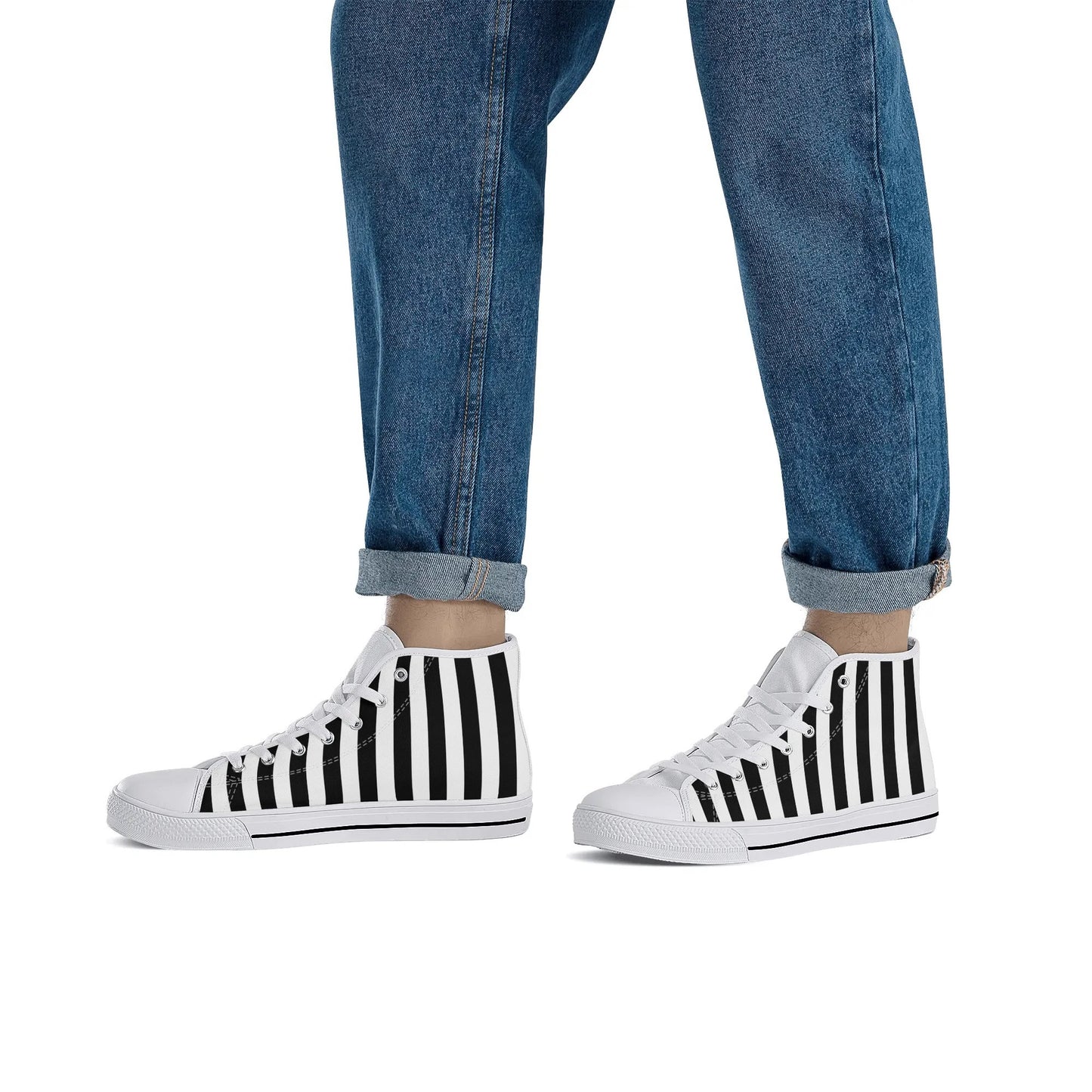 Black White Striped Mens High Top Canvas Shoes