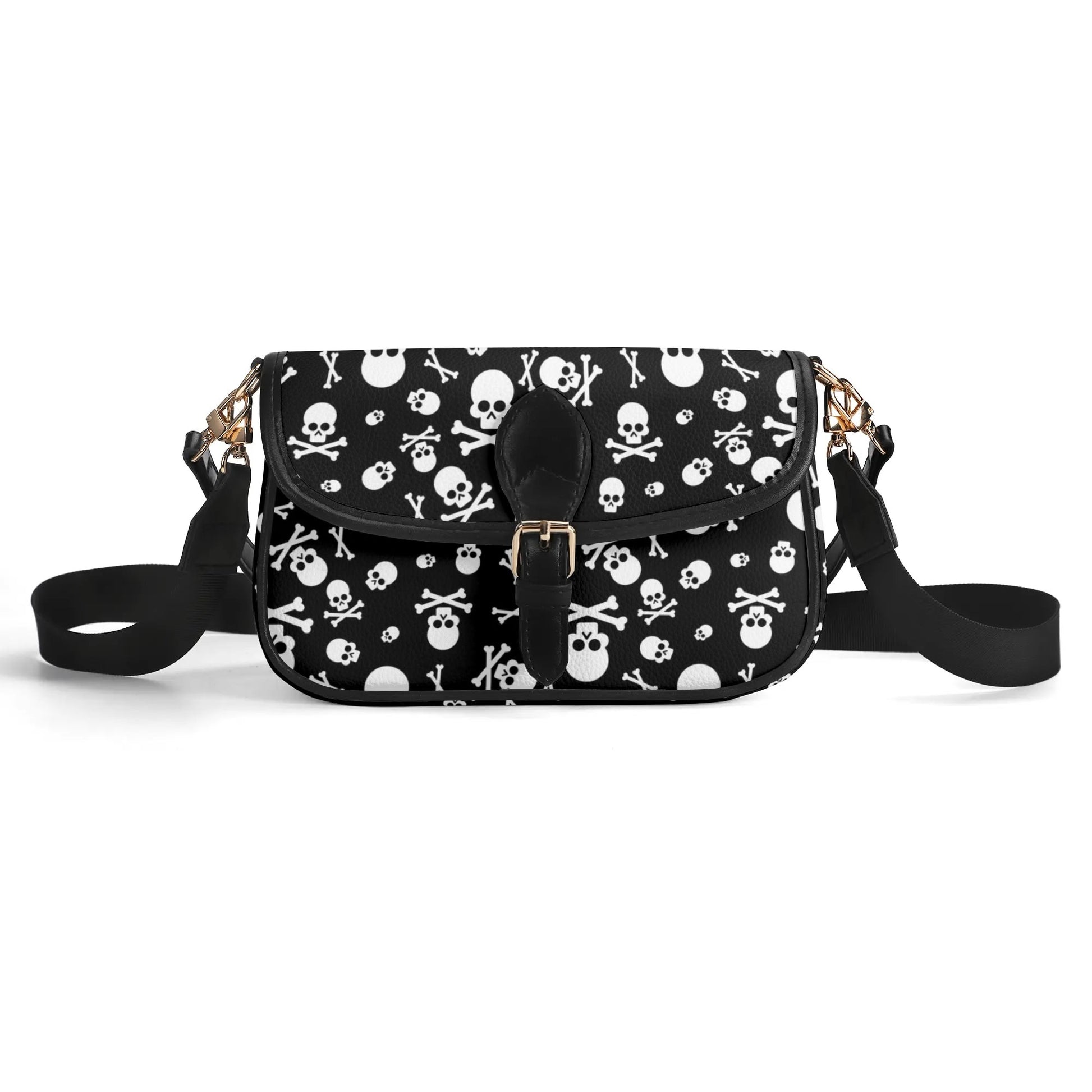 Black White Skulls & Crossbones Womens Vegan Buckle Shoulder bag