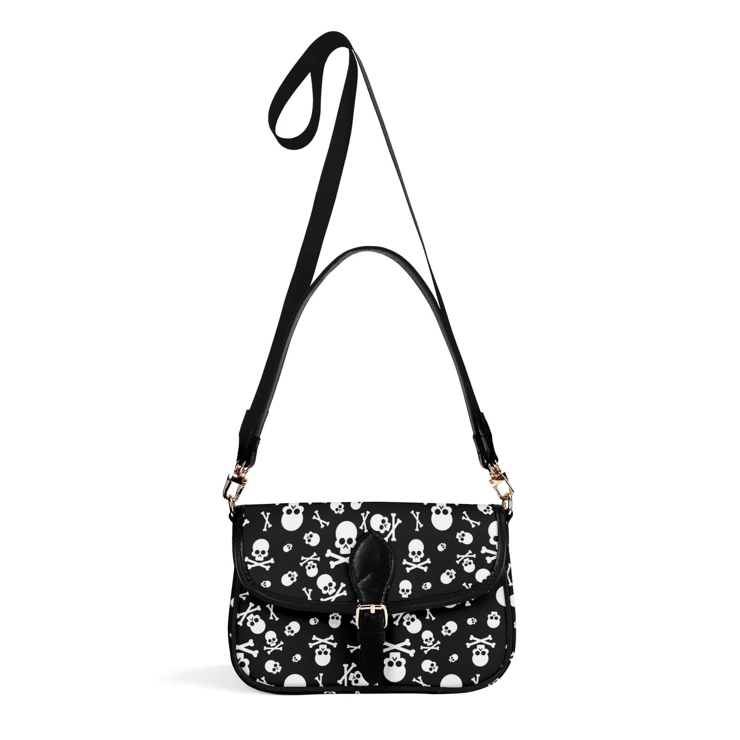 Black White Skulls & Crossbones Womens Vegan Buckle Shoulder bag