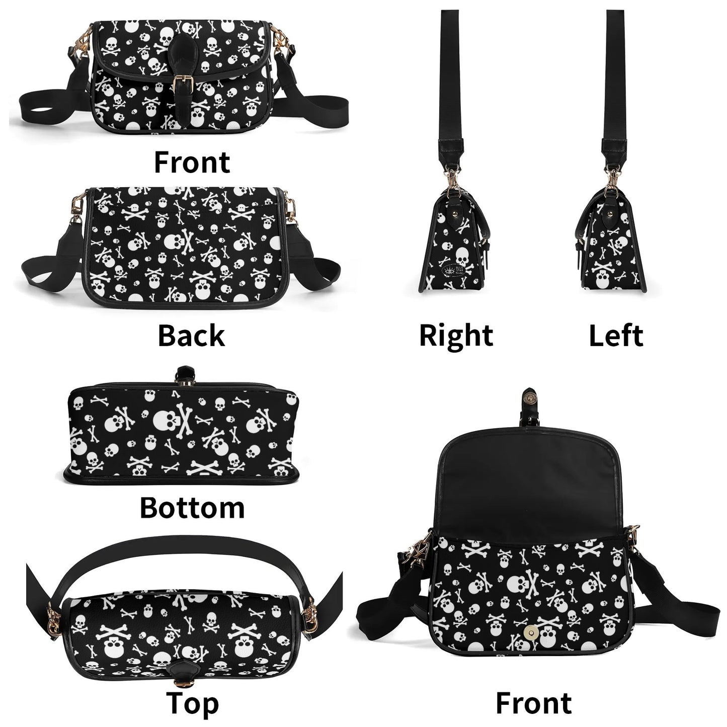 Black White Skulls and Crossbones Womens Vegan Buckle Shoulder bag