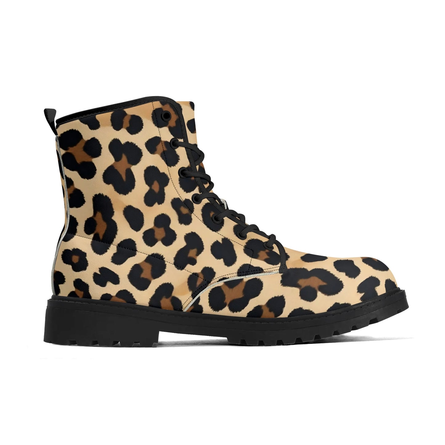 Tan Leopard Print Womens Black Vegan Combat Boots