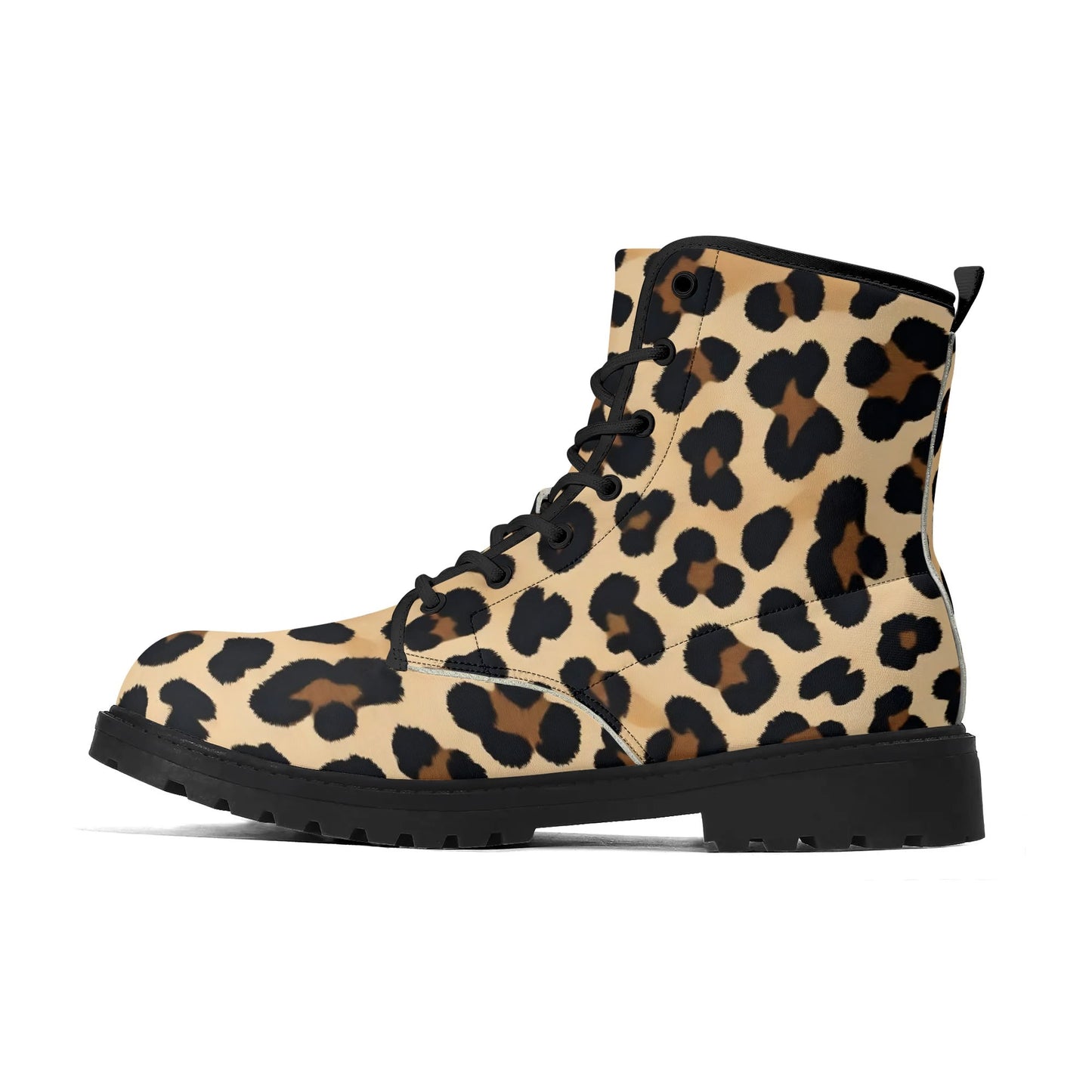 Tan Leopard Print Womens Black Vegan Combat Boots