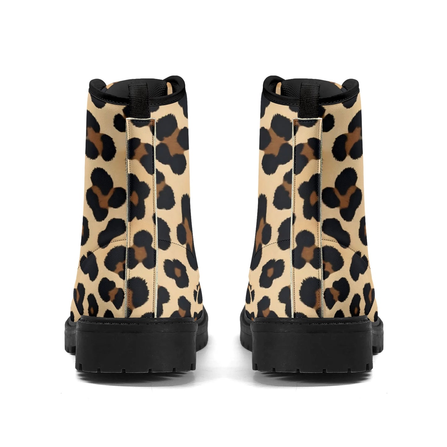 Tan Leopard Print Womens Black Vegan Combat Boots