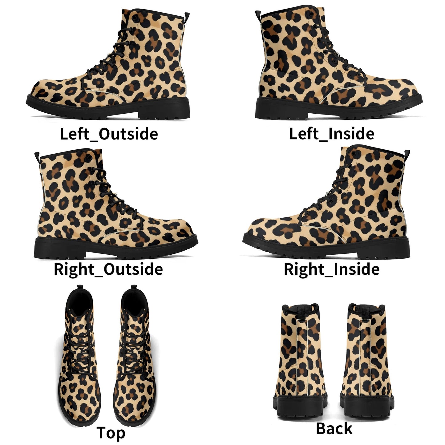 Tan Leopard Print Womens Black Vegan Combat Boots