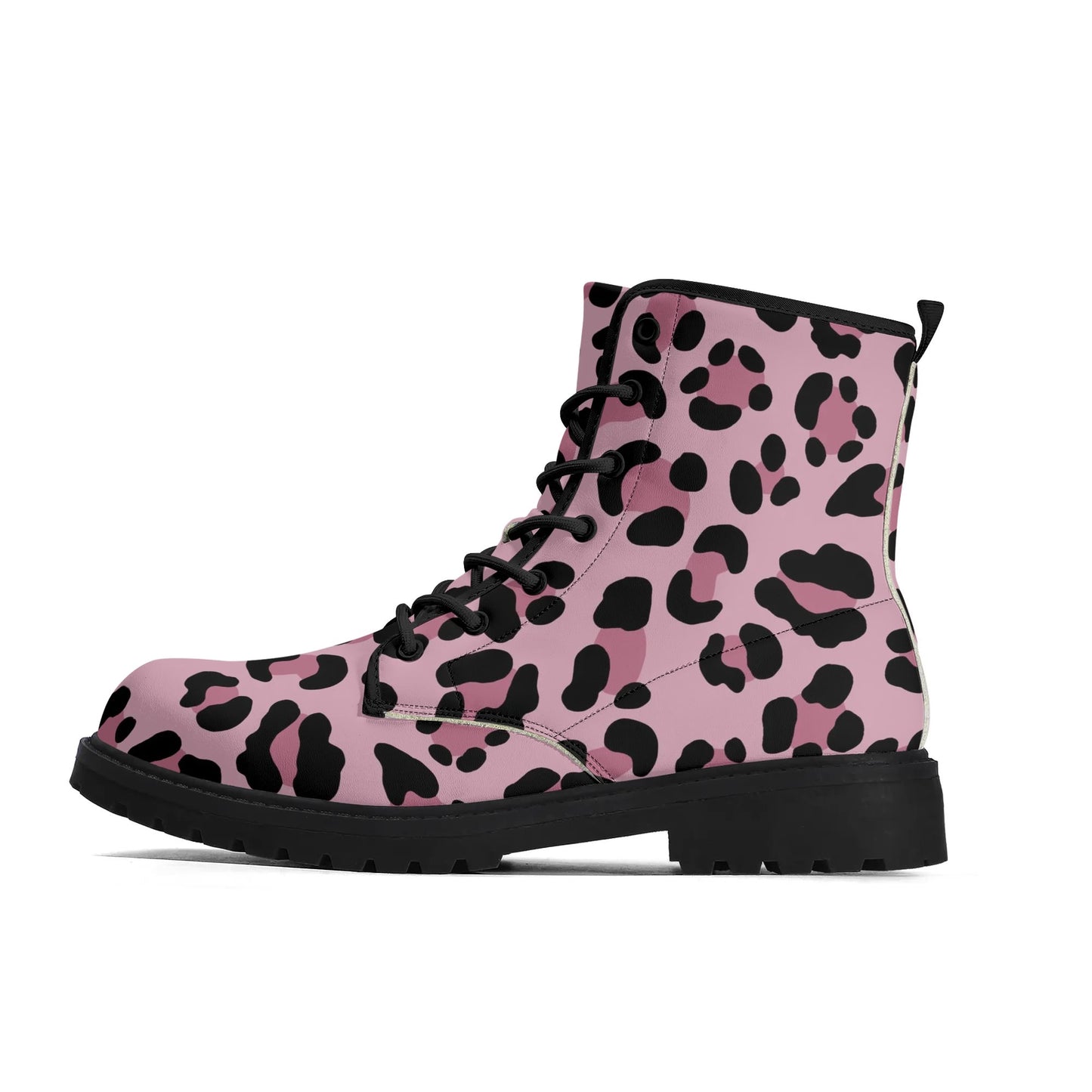 Pale Pink Leopard Print Womens Vegan Combat Boots