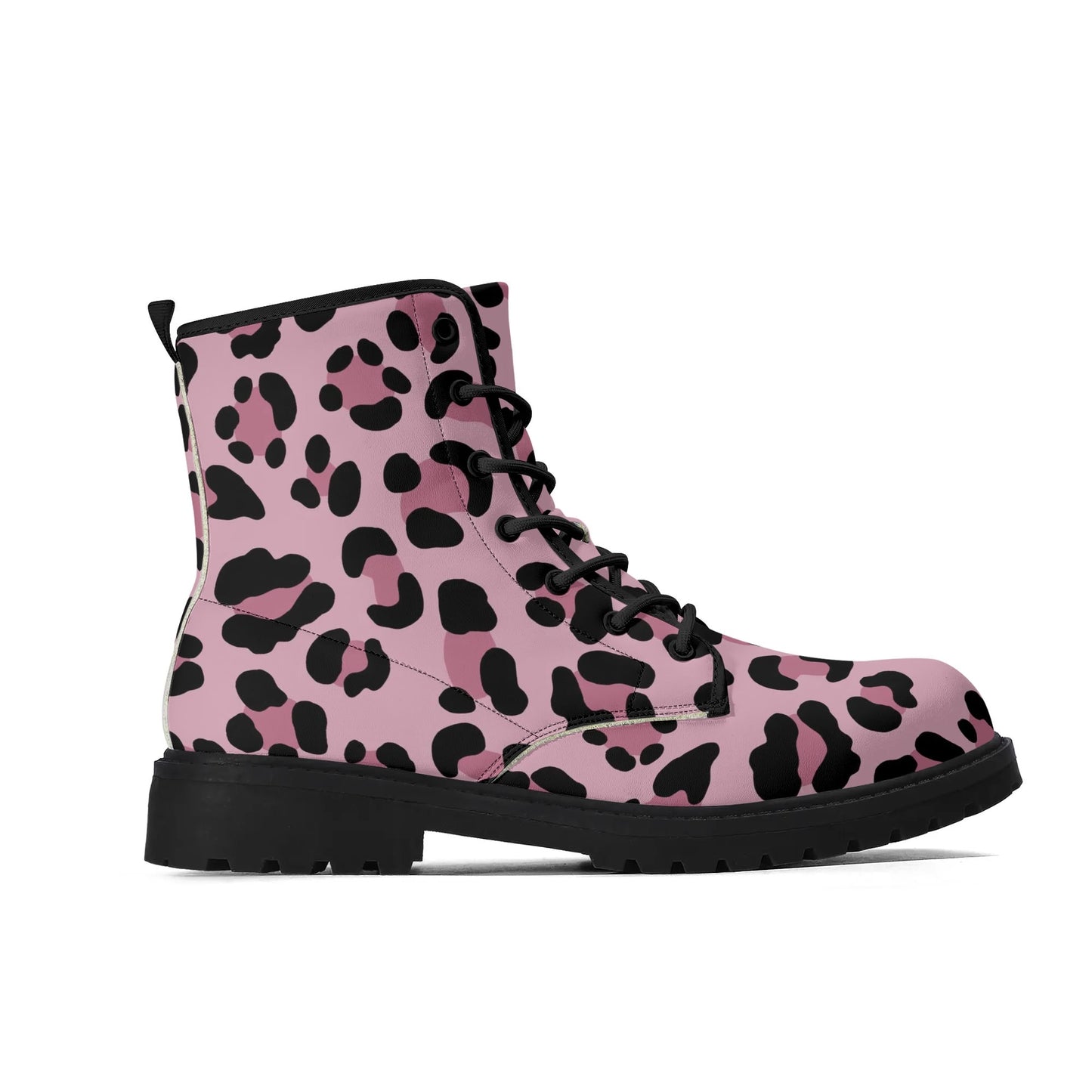 Pale Pink Leopard Print Womens Vegan Combat Boots