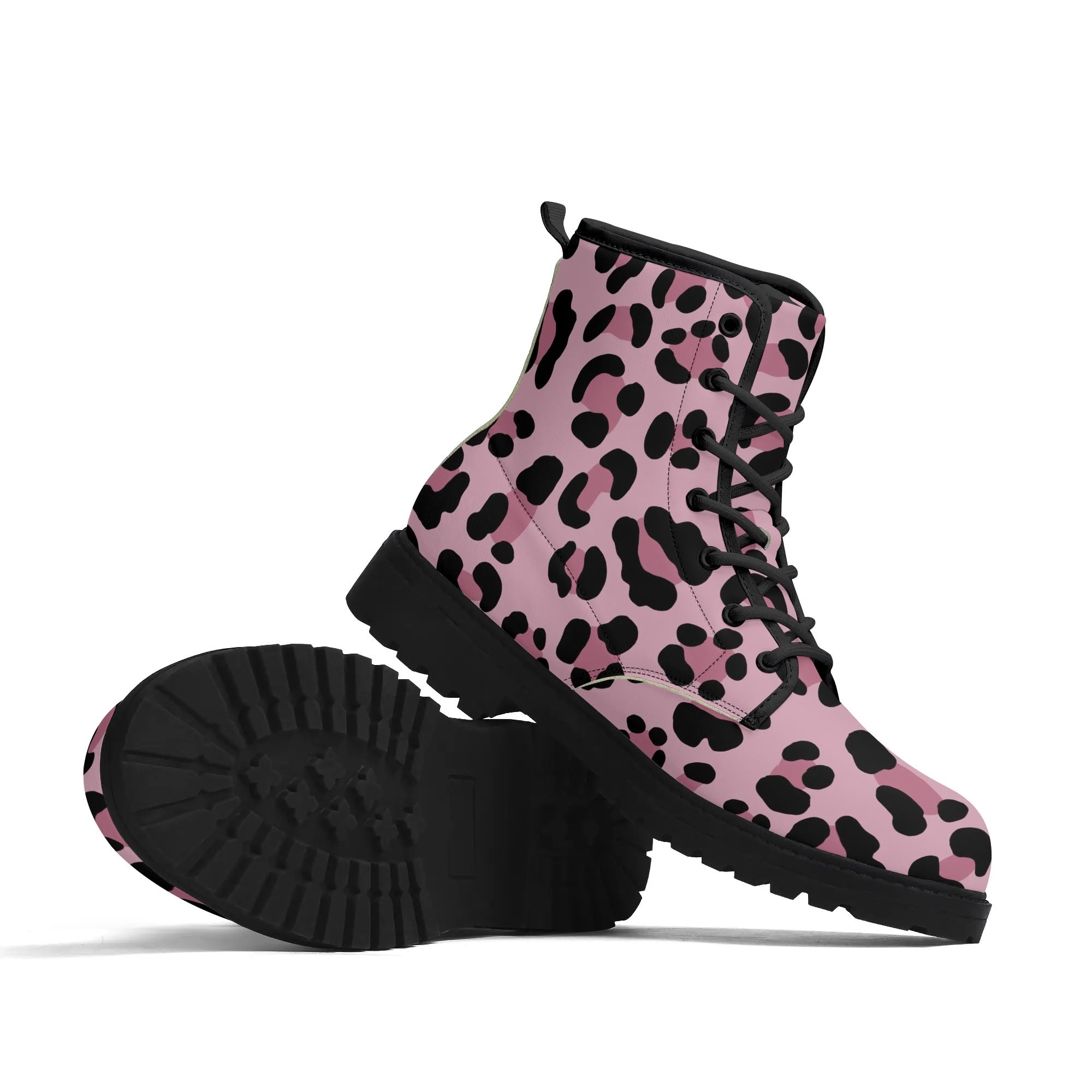 Pale Pink Leopard Print Womens Vegan Combat Boots Blue Star Trader