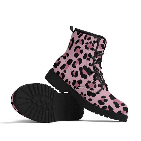 Pale Pink Leopard Print Womens Vegan Combat Boots