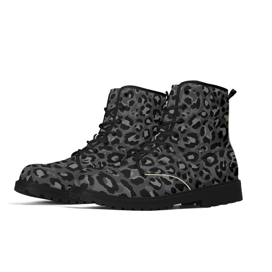 Dark Gray Leopard Print Womens Vegan Combat Boots