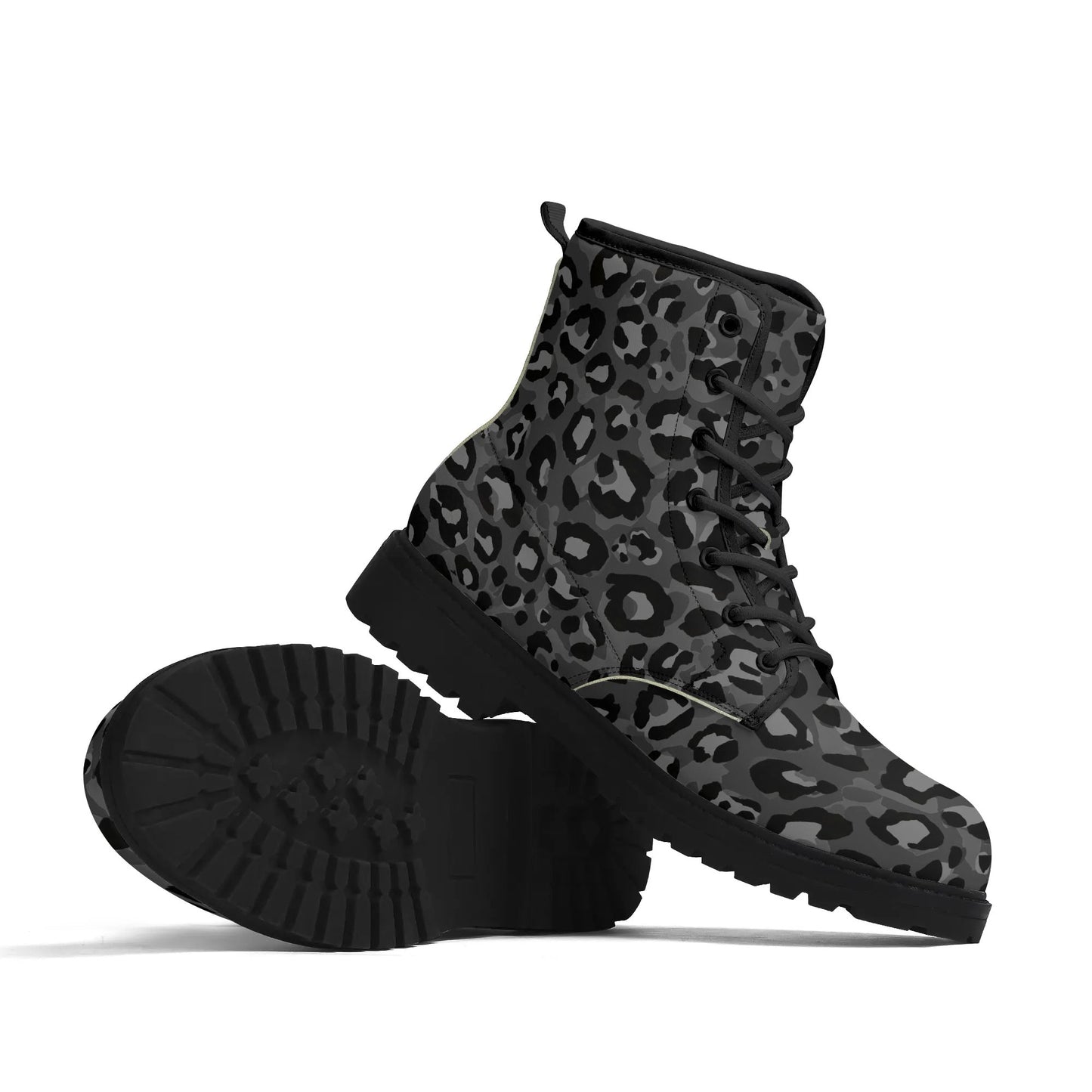 Dark Gray Leopard Print Womens Vegan Combat Boots