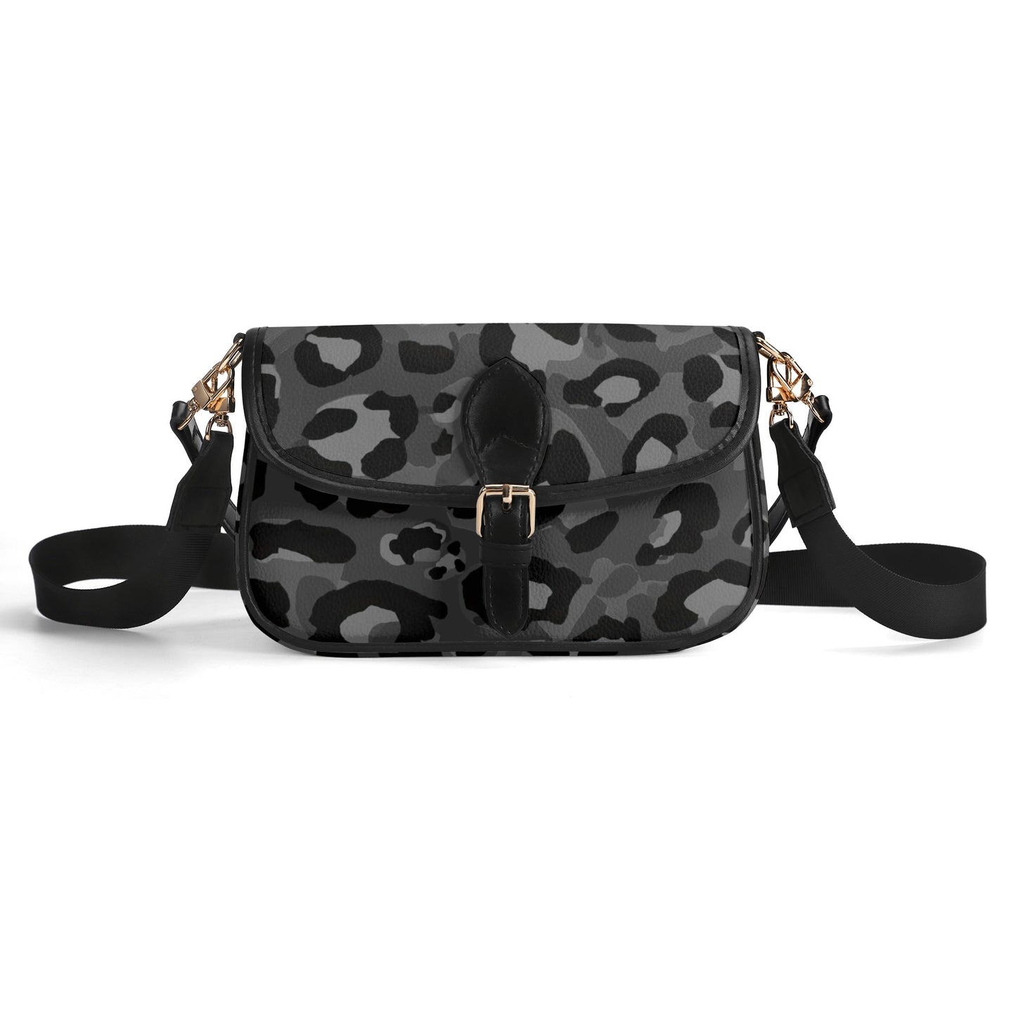 Dark Gray Leopard Print Womens Vegan Buckle Shoulder bag