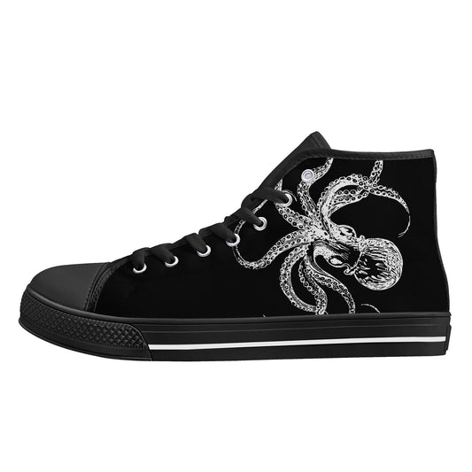 Black White Octopus Mens High Top Canvas Shoes